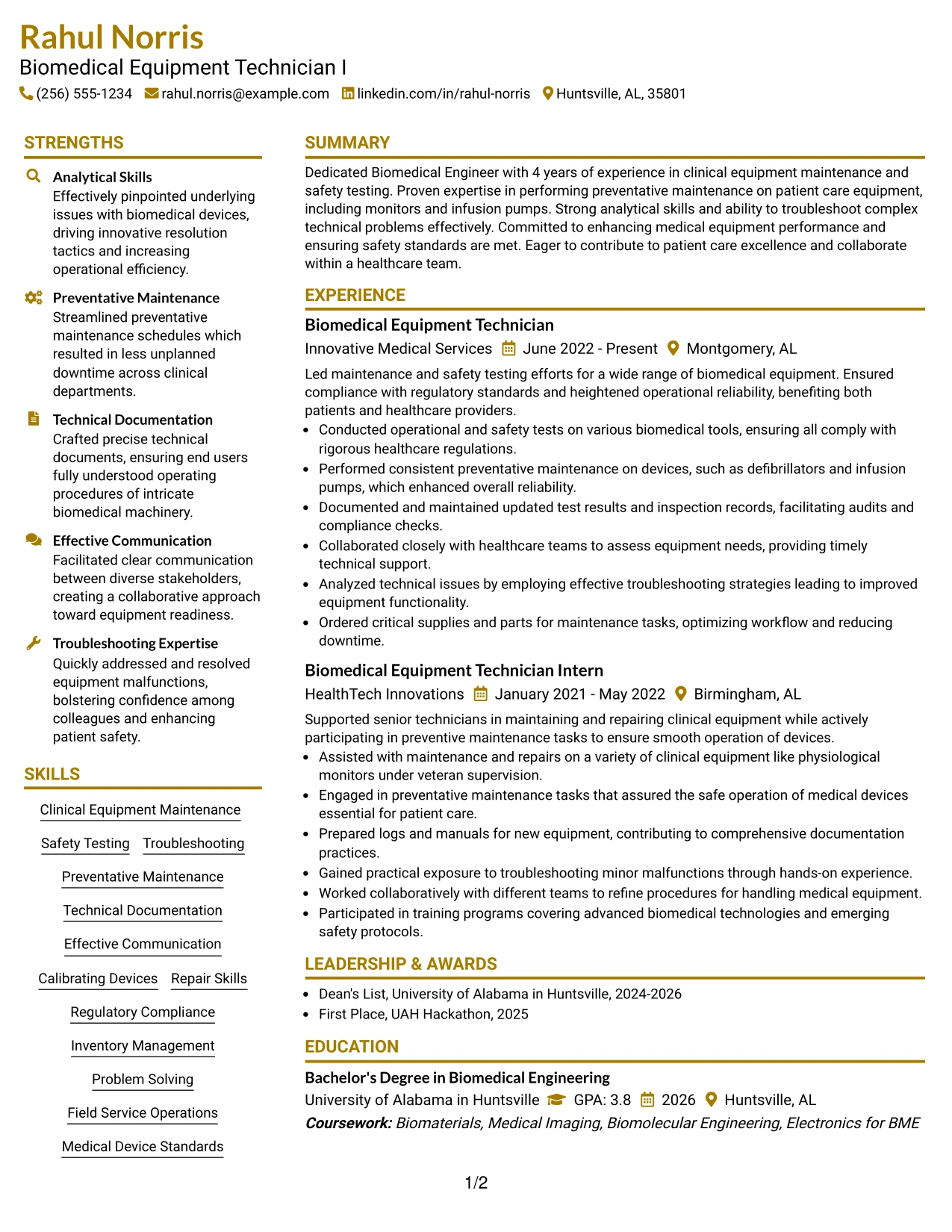 Resume Example Page 1