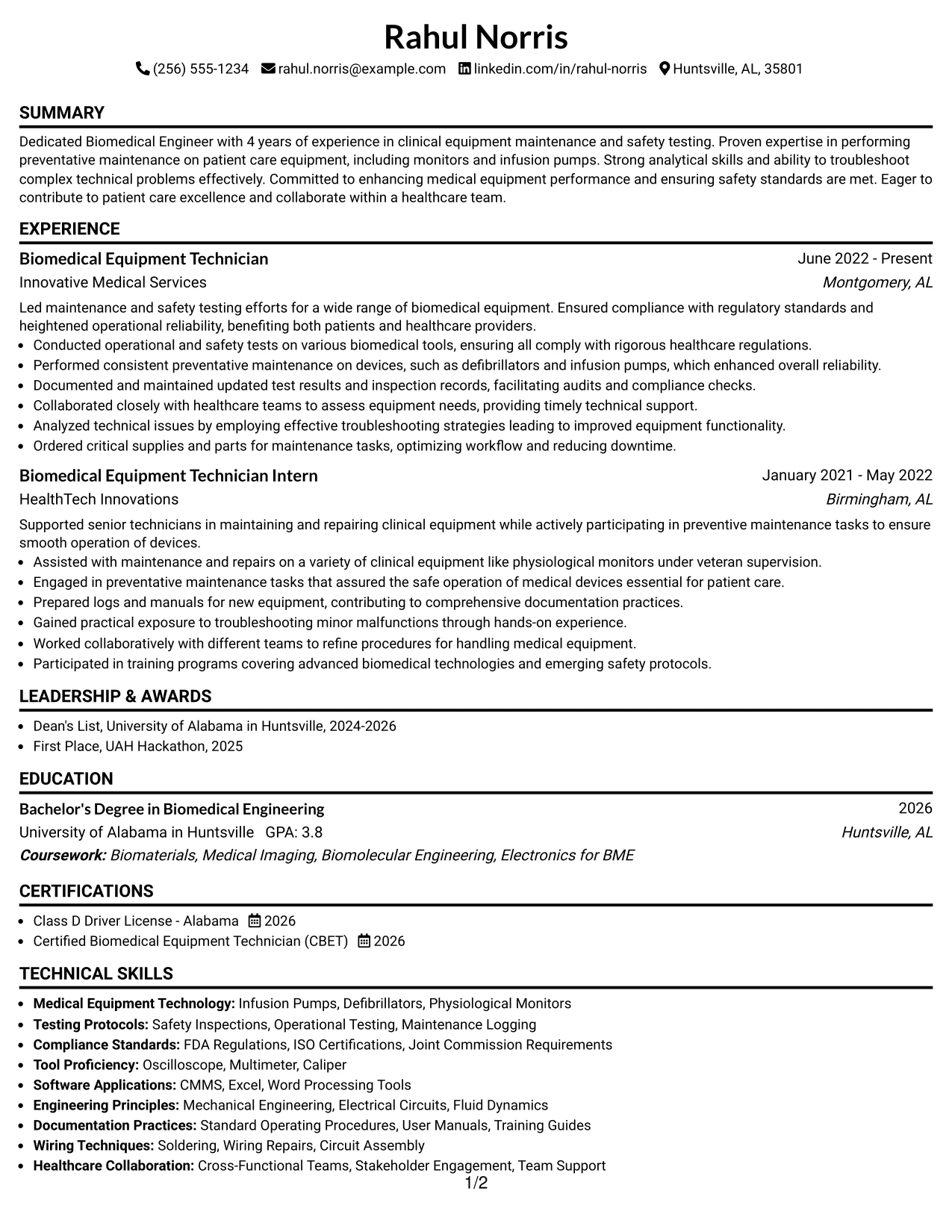 Resume Example Page 1