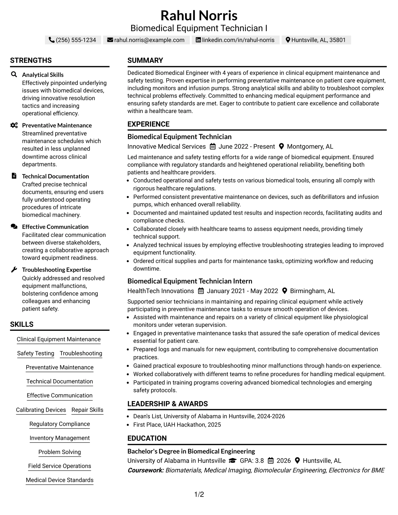 Resume Example Page 1