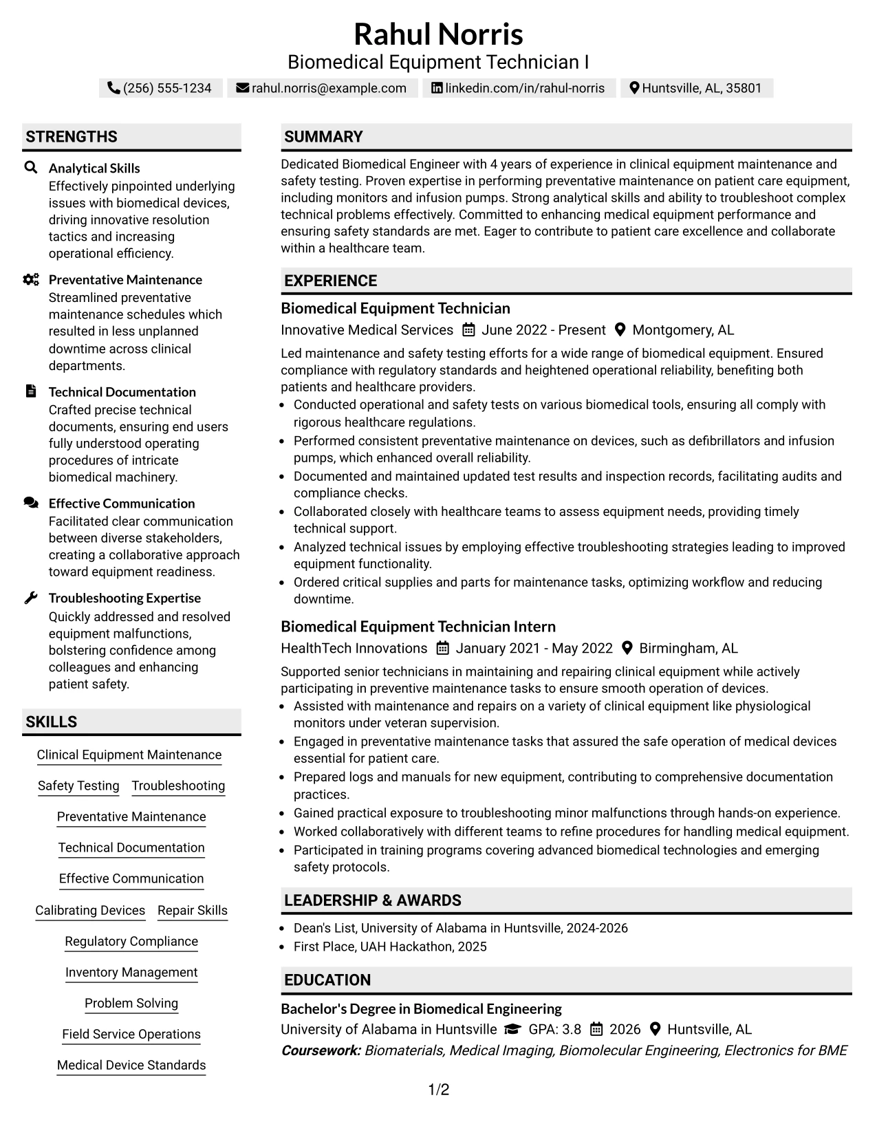 Resume Example Page 1