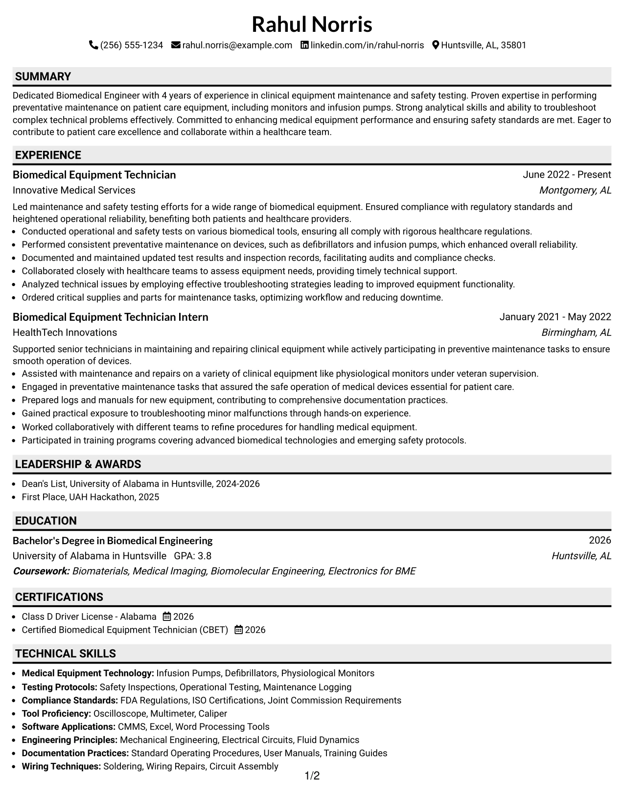 Resume Example Page 1