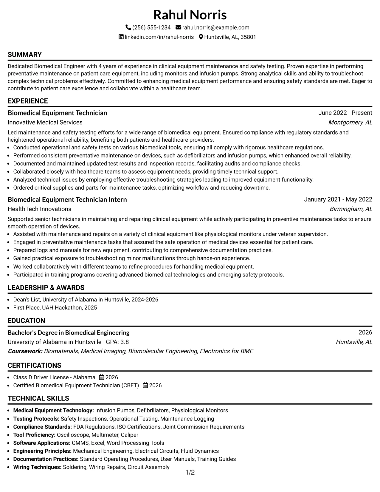 Resume Example Page 1