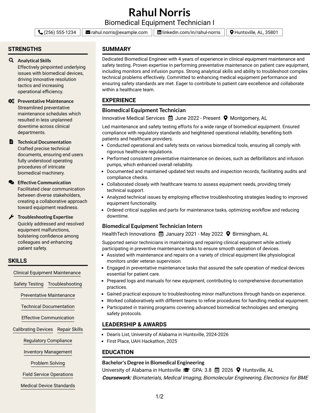 Resume Example Page 1