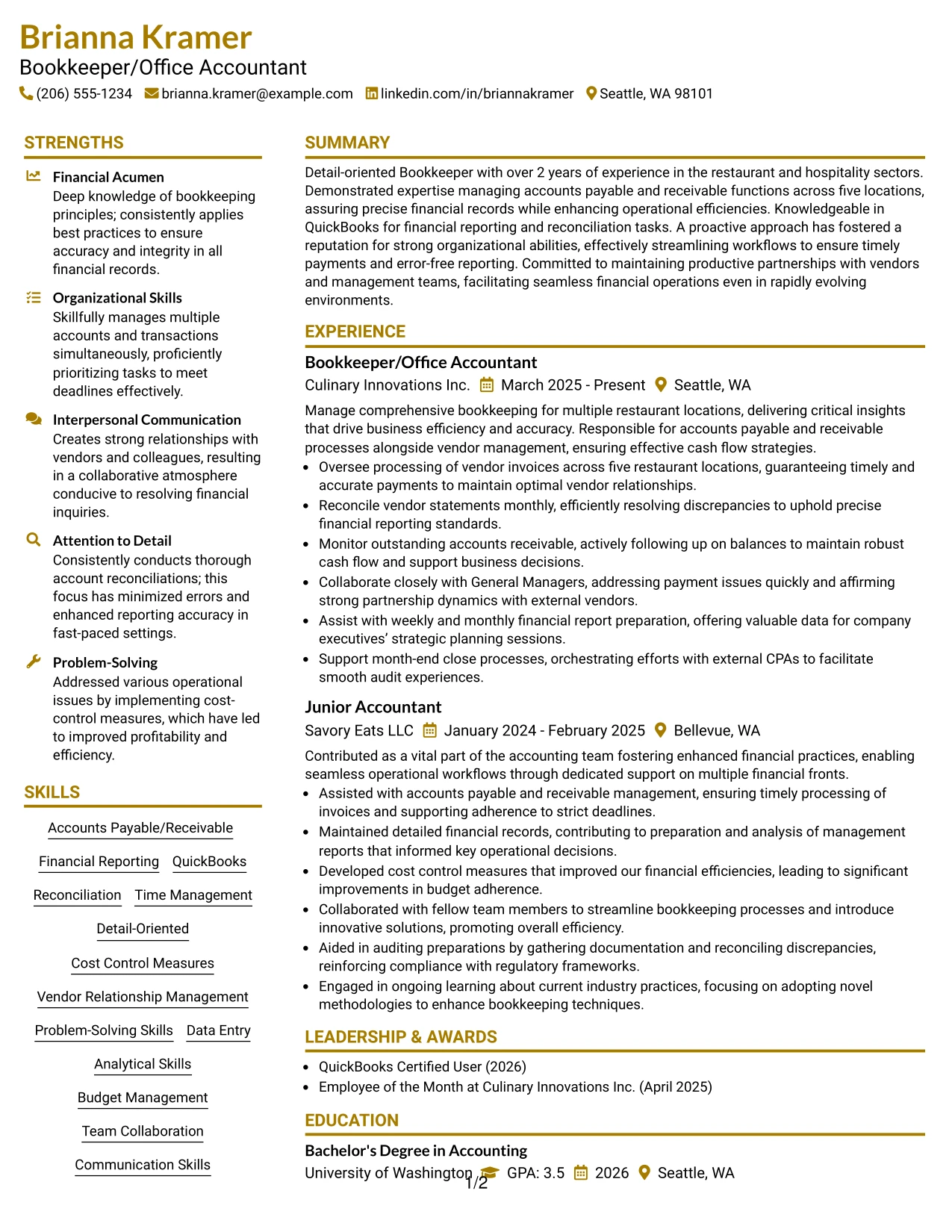 Resume Example Page 1