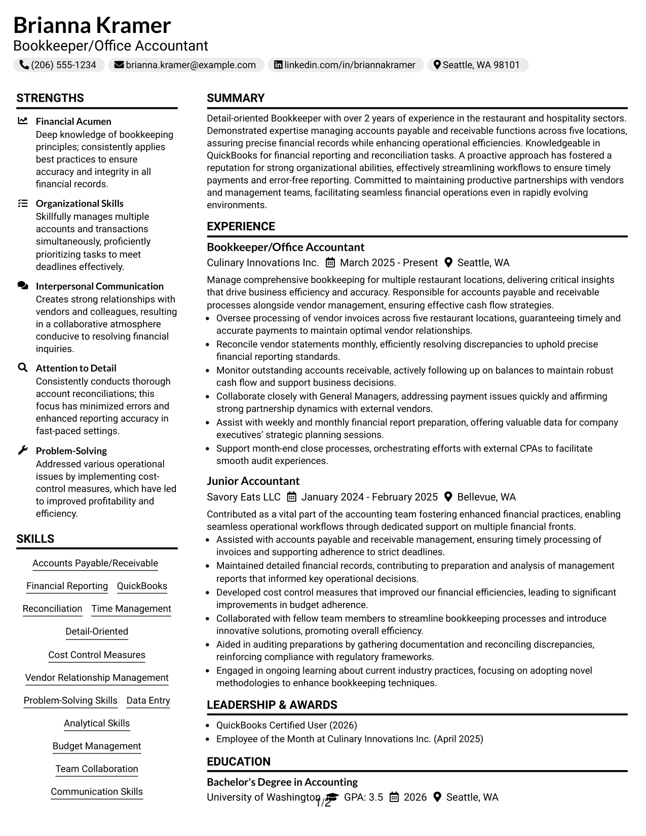 Resume Example Page 1
