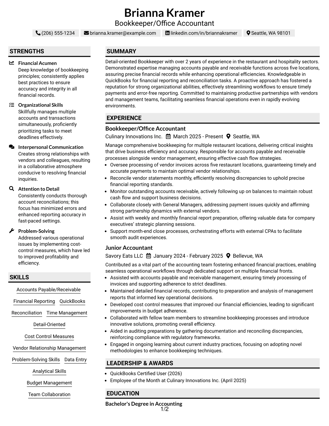 Resume Example Page 1