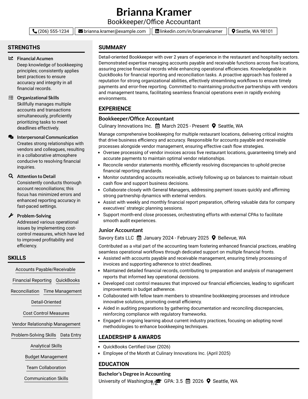 Resume Example Page 1