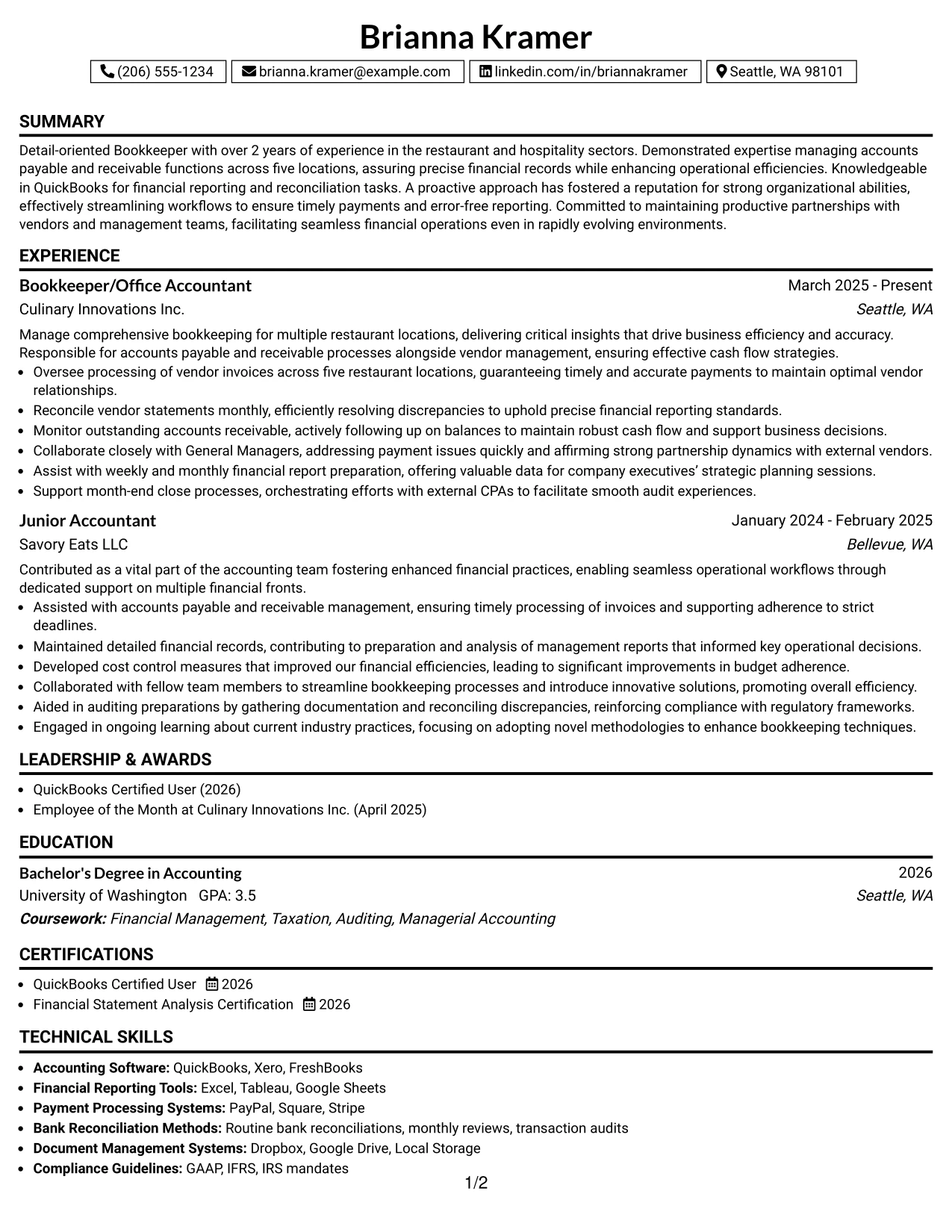 Resume Example Page 1