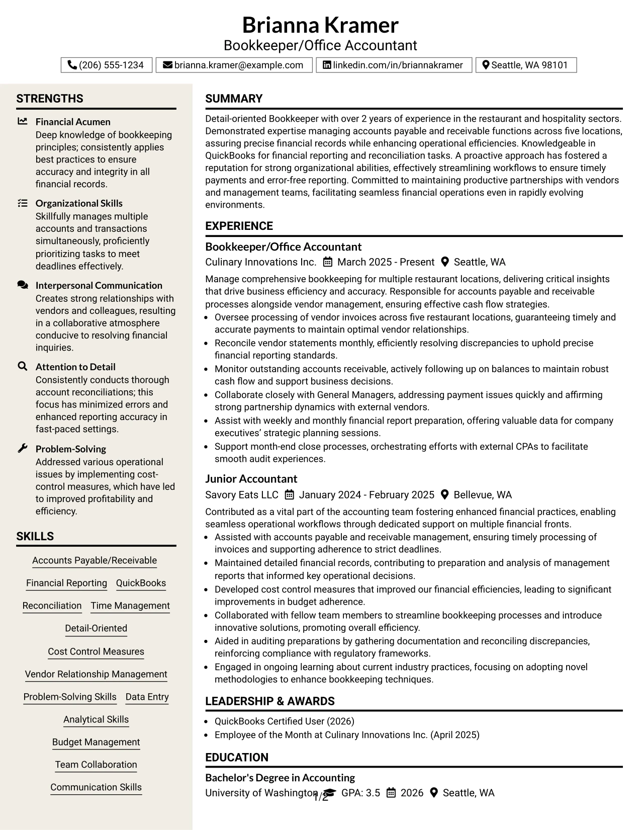 Resume Example Page 1