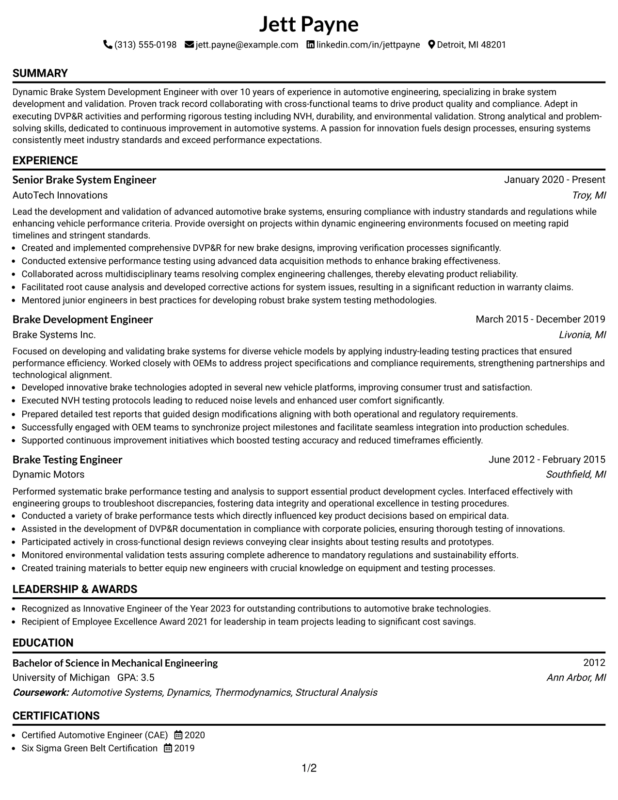 Resume Example Page 1