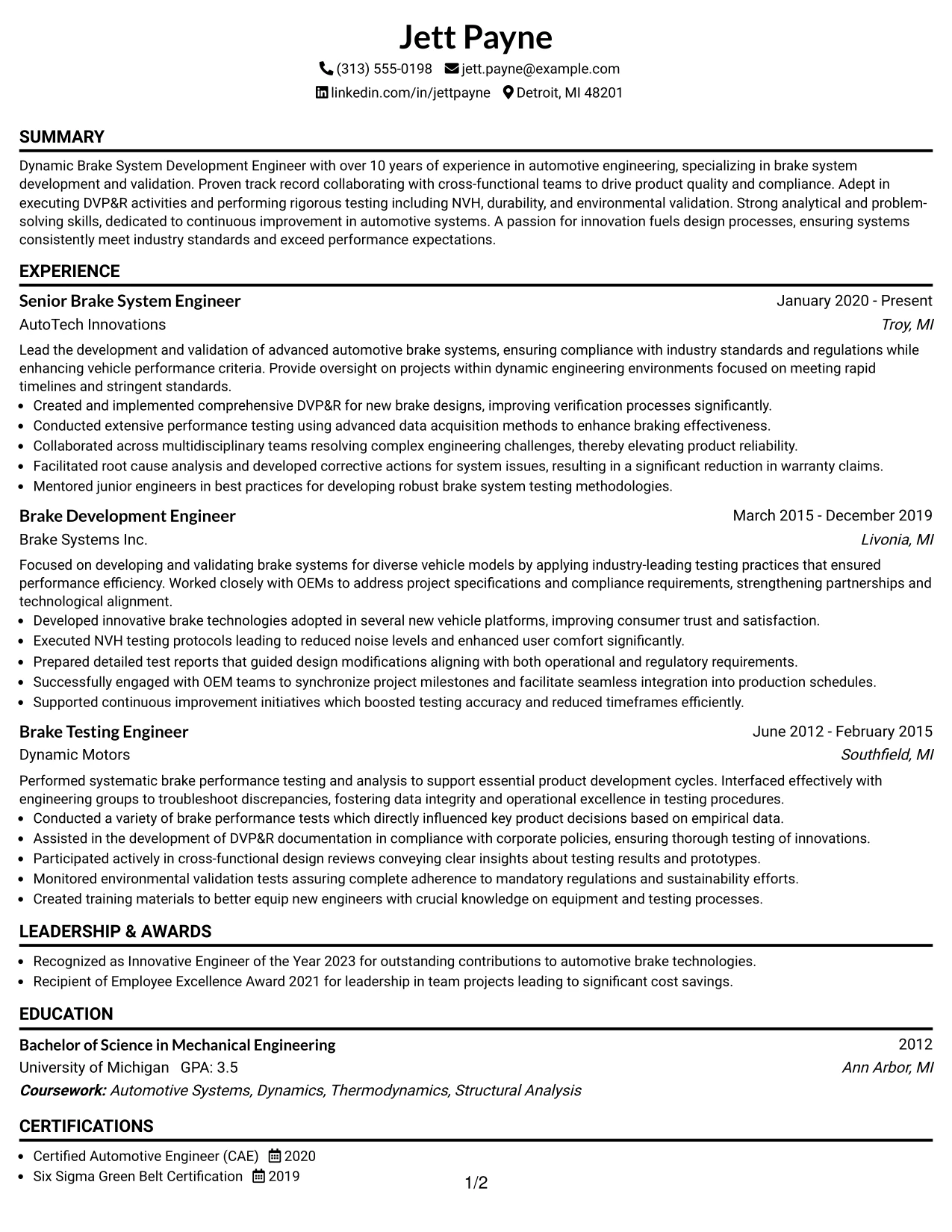 Resume Example Page 1