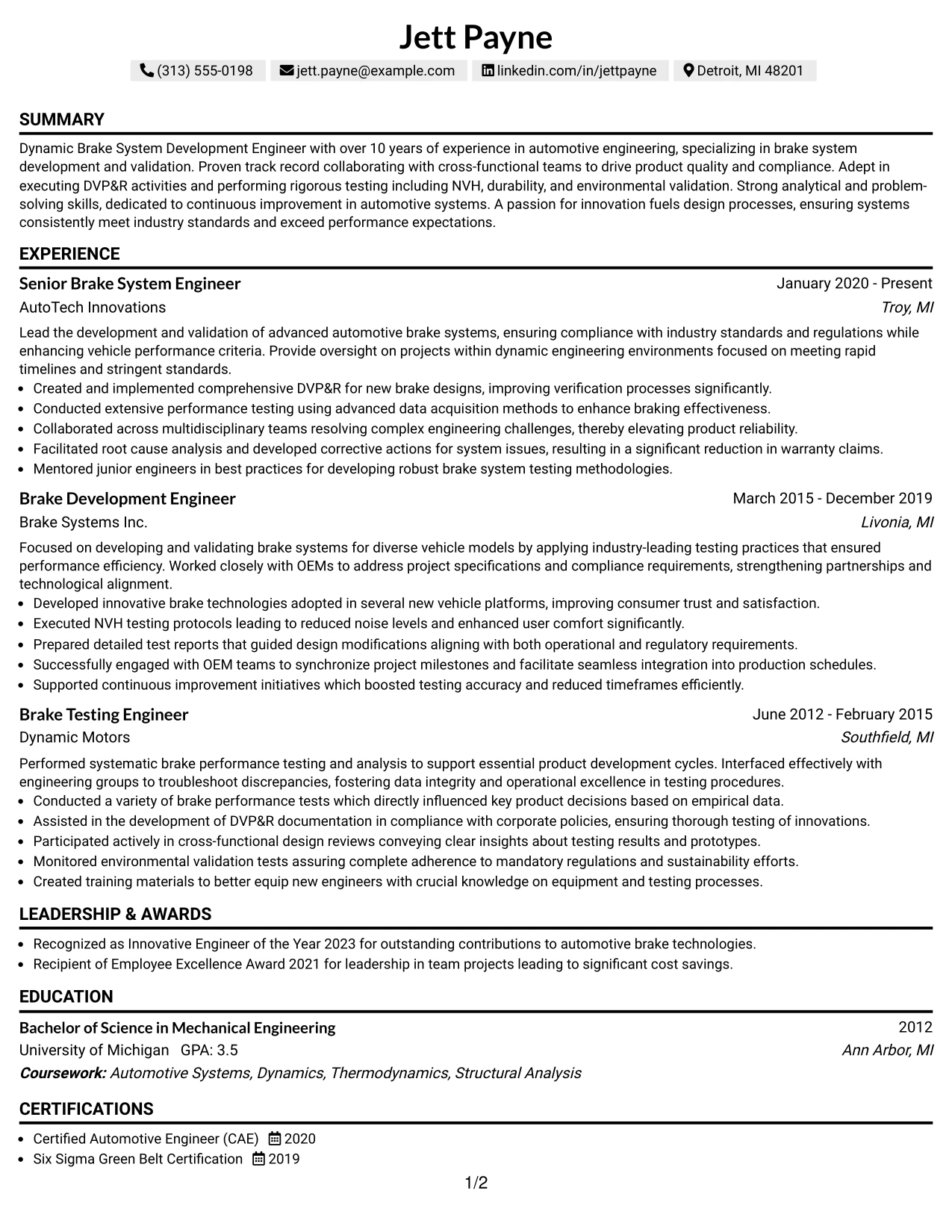 Resume Example Page 1