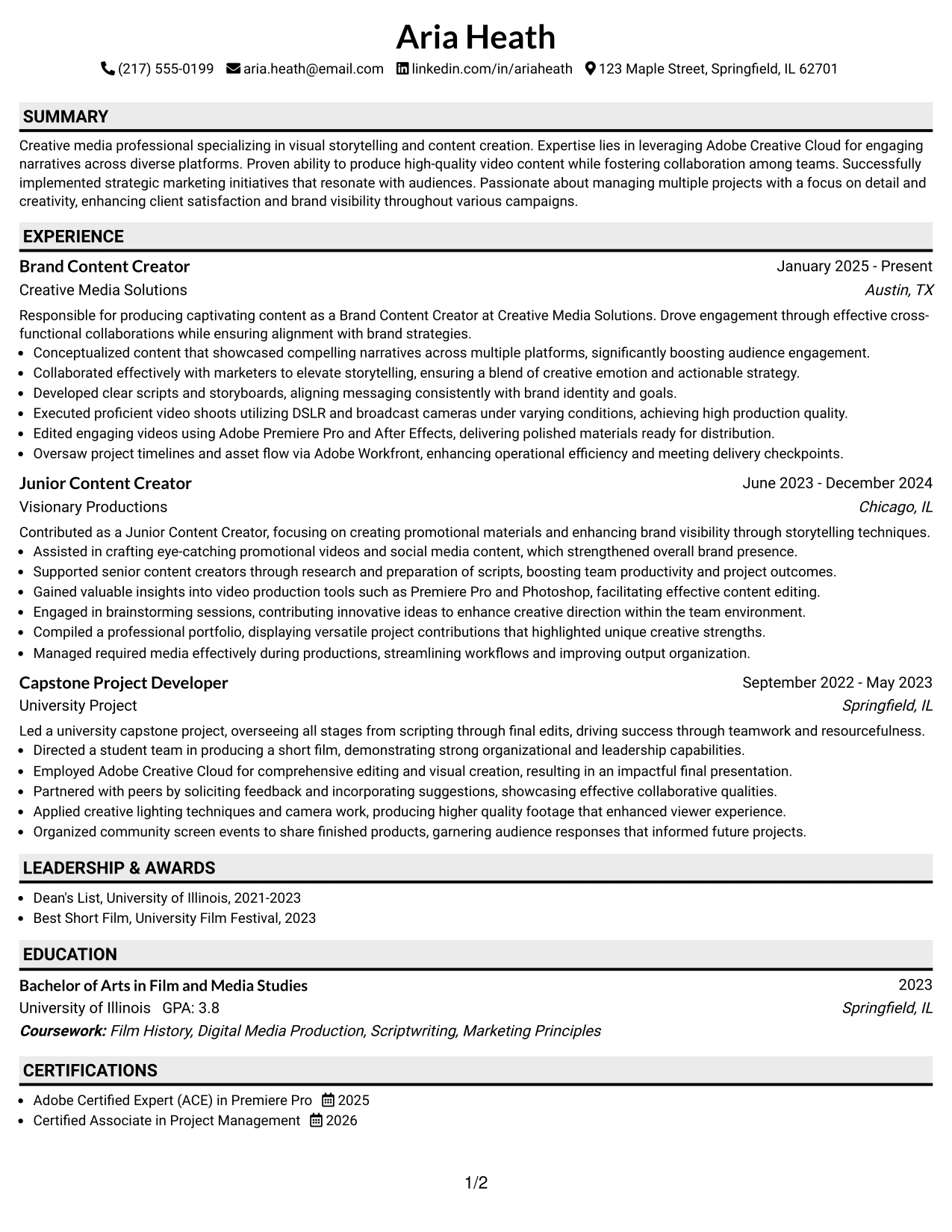 Resume Example Page 1