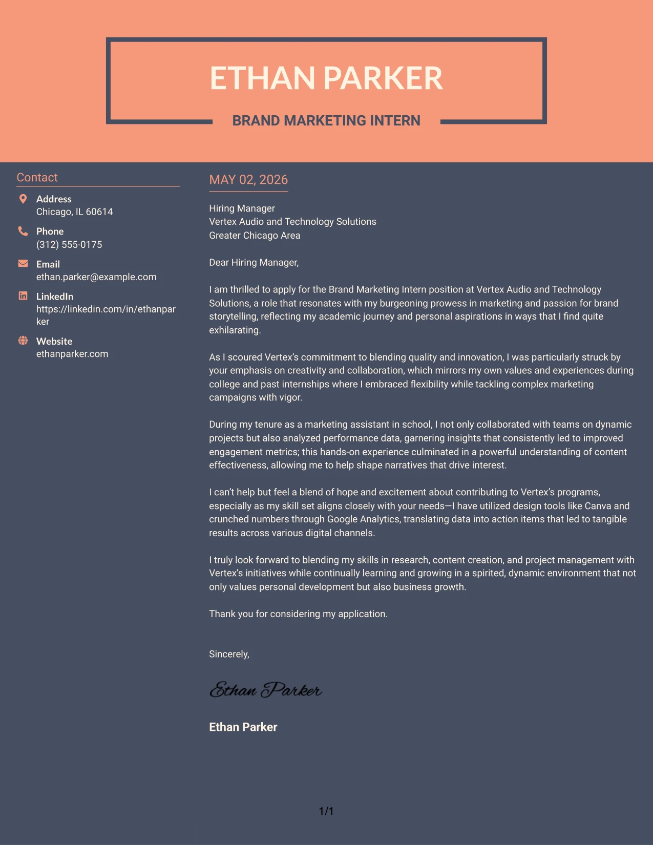 Brand Marketing Intern Cover Letter Example Creative Two Tone Format