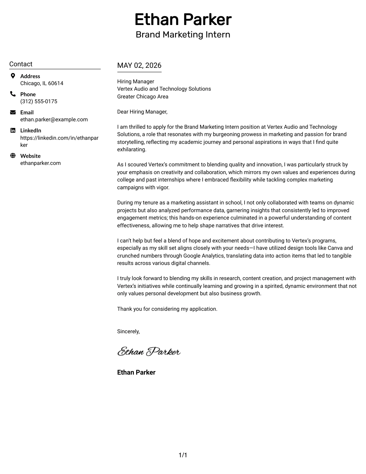 Brand Marketing Intern Cover Letter Example Plain Two Column Format
