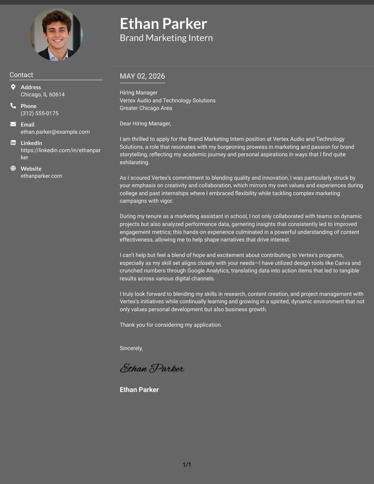 Brand Marketing Intern Cover Letter Example Dark Mode Two Column Format