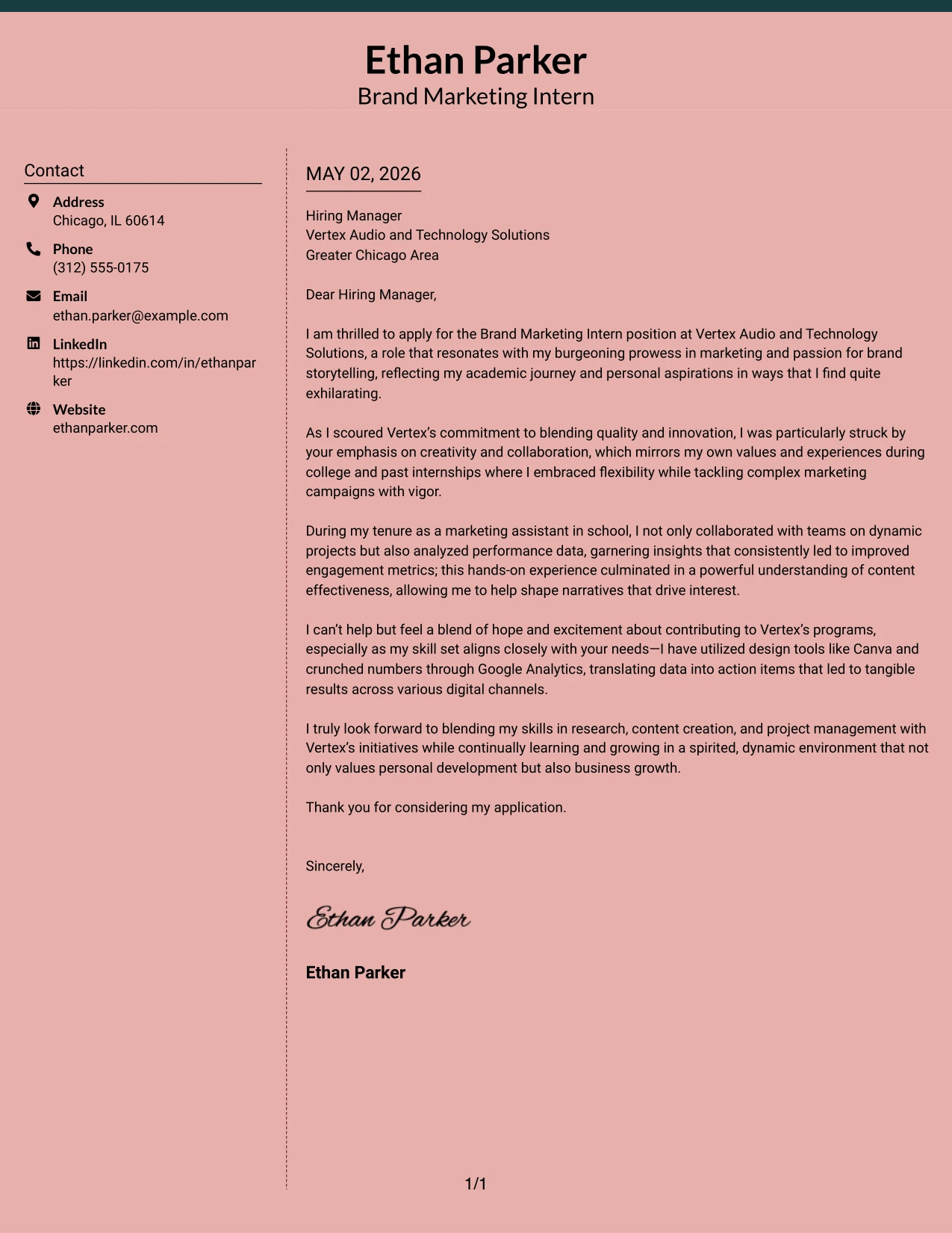 Brand Marketing Intern Cover Letter Example Elegant Full Background Two Column Format
