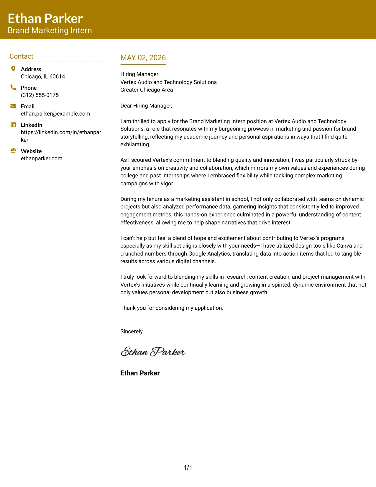 Brand Marketing Intern Cover Letter Example Bold Color Header Professional Format