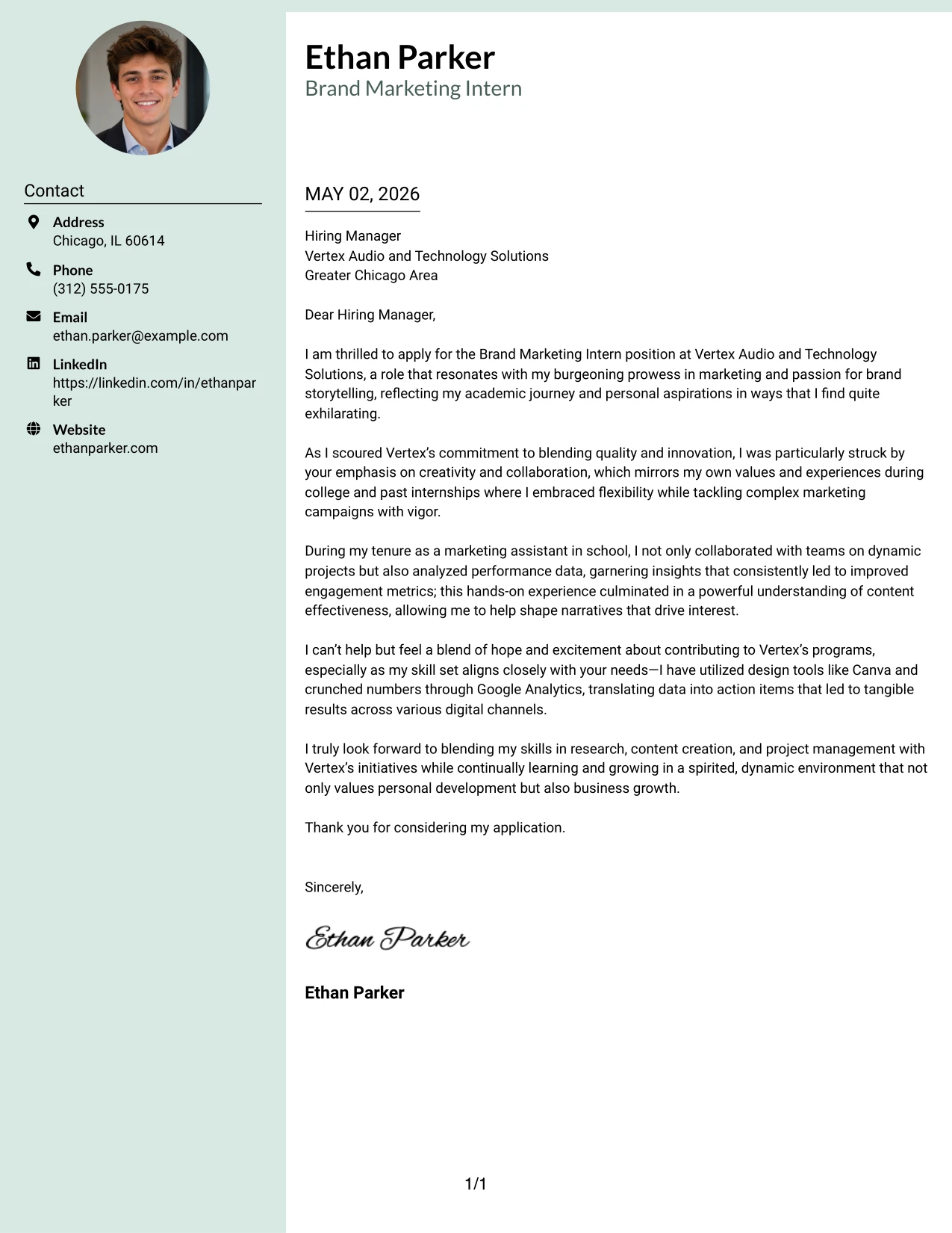 Brand Marketing Intern Cover Letter Example Photo Header Color Sidebar Format