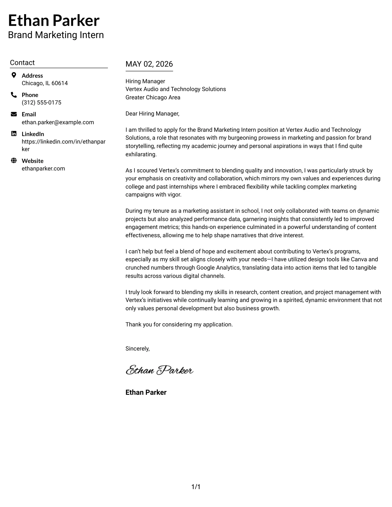 Brand Marketing Intern Cover Letter Example Left Aligned Header Clean Two Column Format