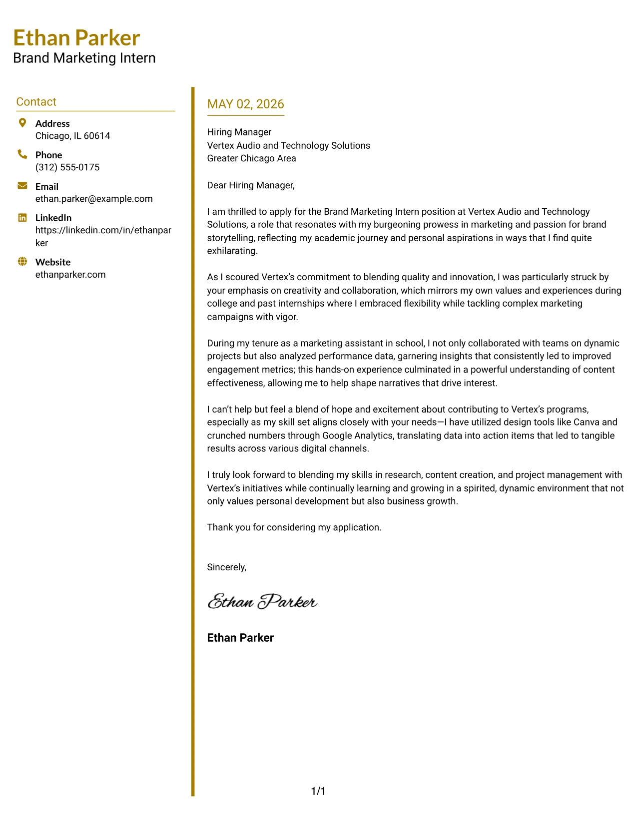 Brand Marketing Internship Cover Letter Example Accent Divider Modern Two Column Format