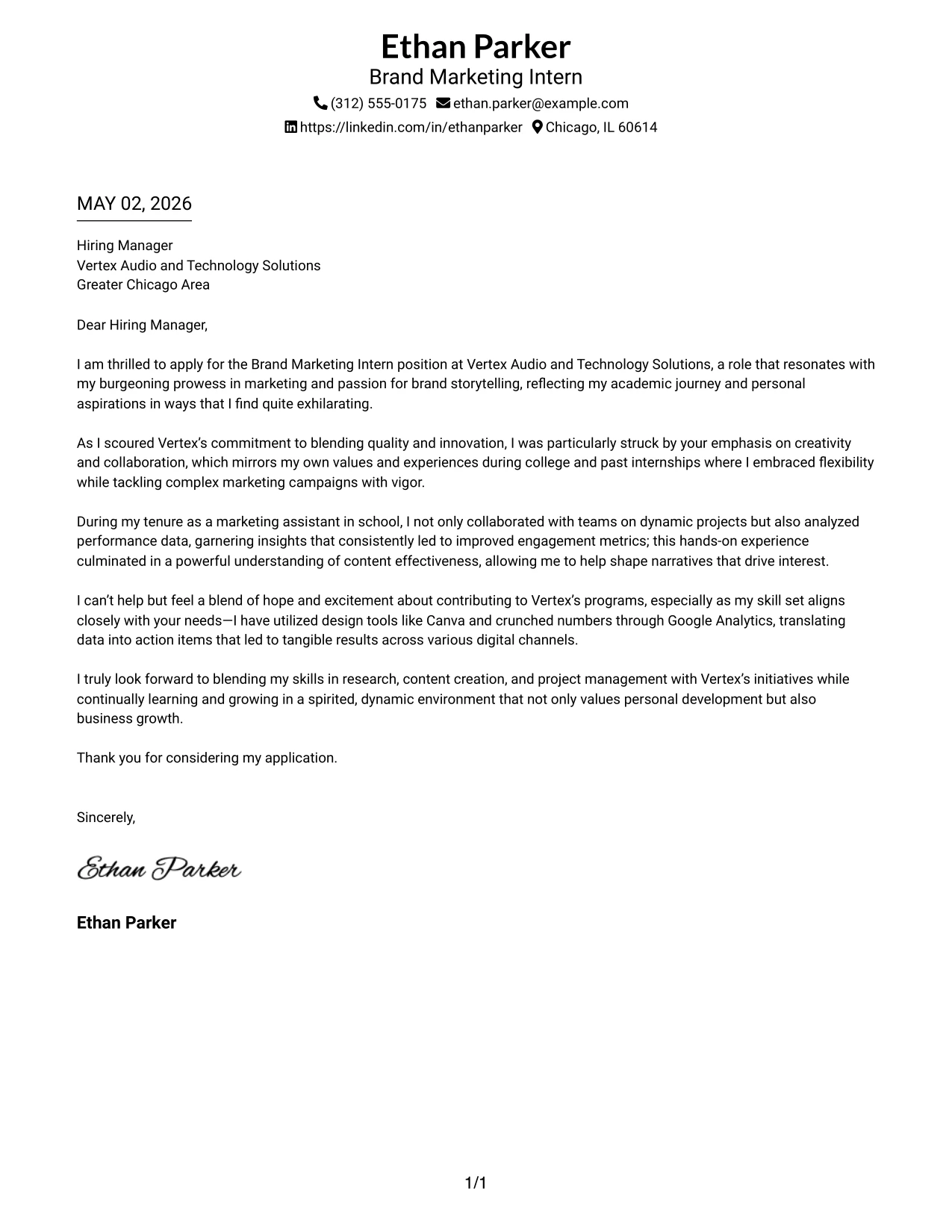 Brand Marketing Intern Cover Letter Example Two-Line Contact Header with Underlined Date Format