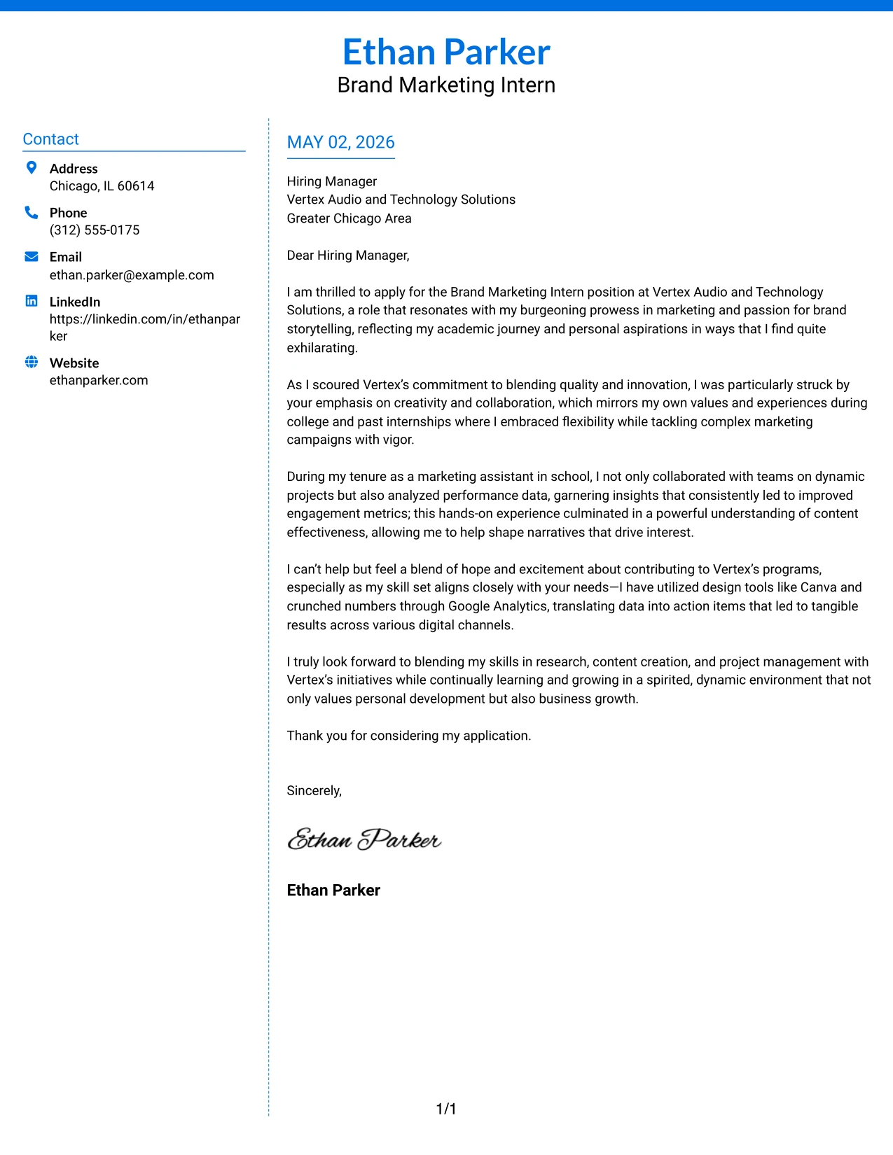 Brand Marketing Intern Cover Letter Example Colored Two Column Format