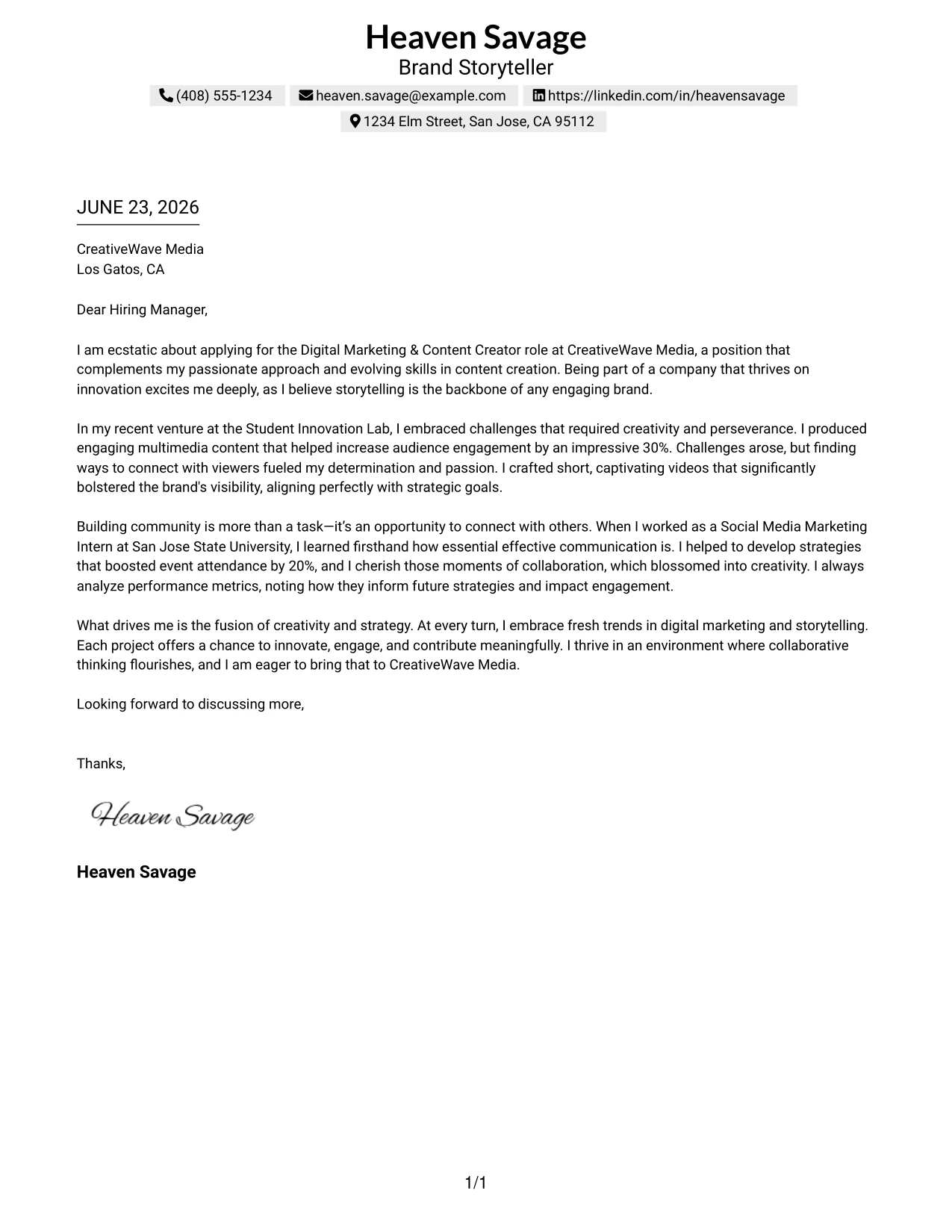 Resume Example Page 1