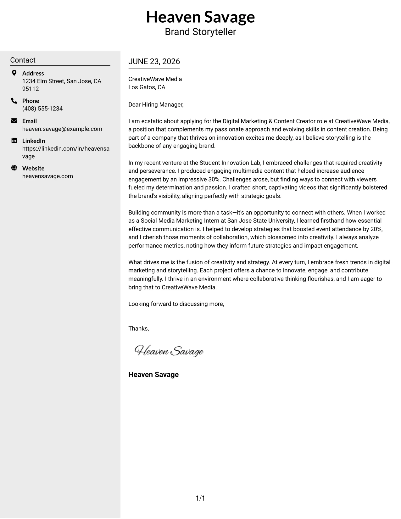 Resume Example Page 1
