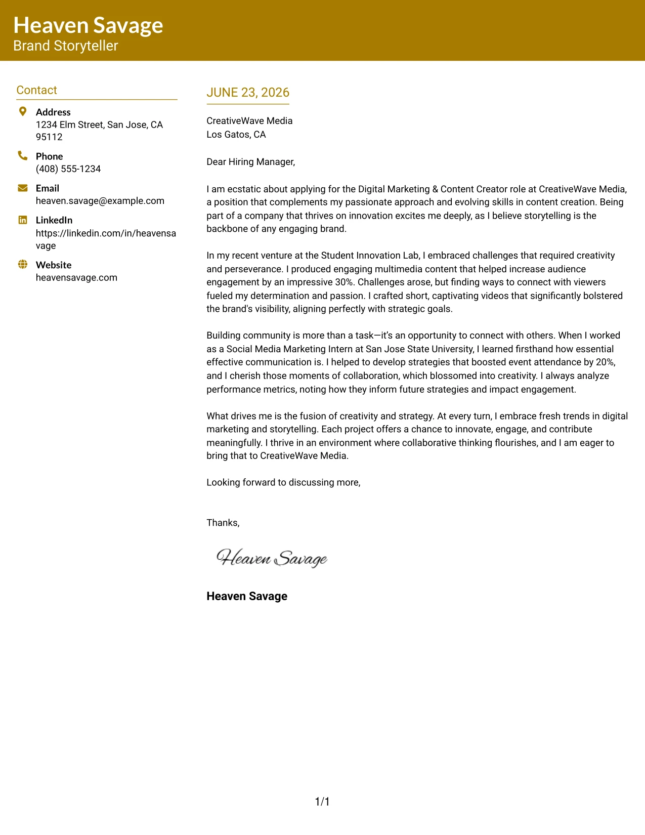 Resume Example Page 1