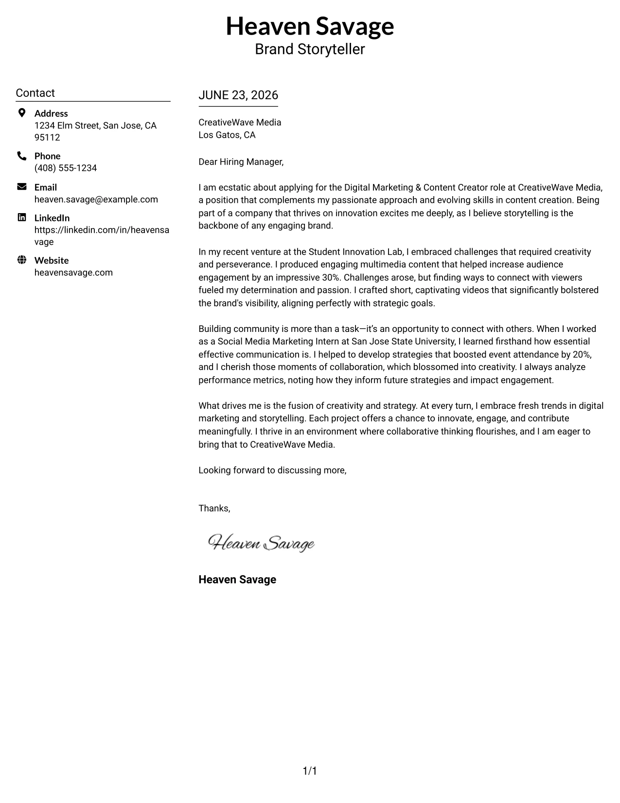 Resume Example Page 1