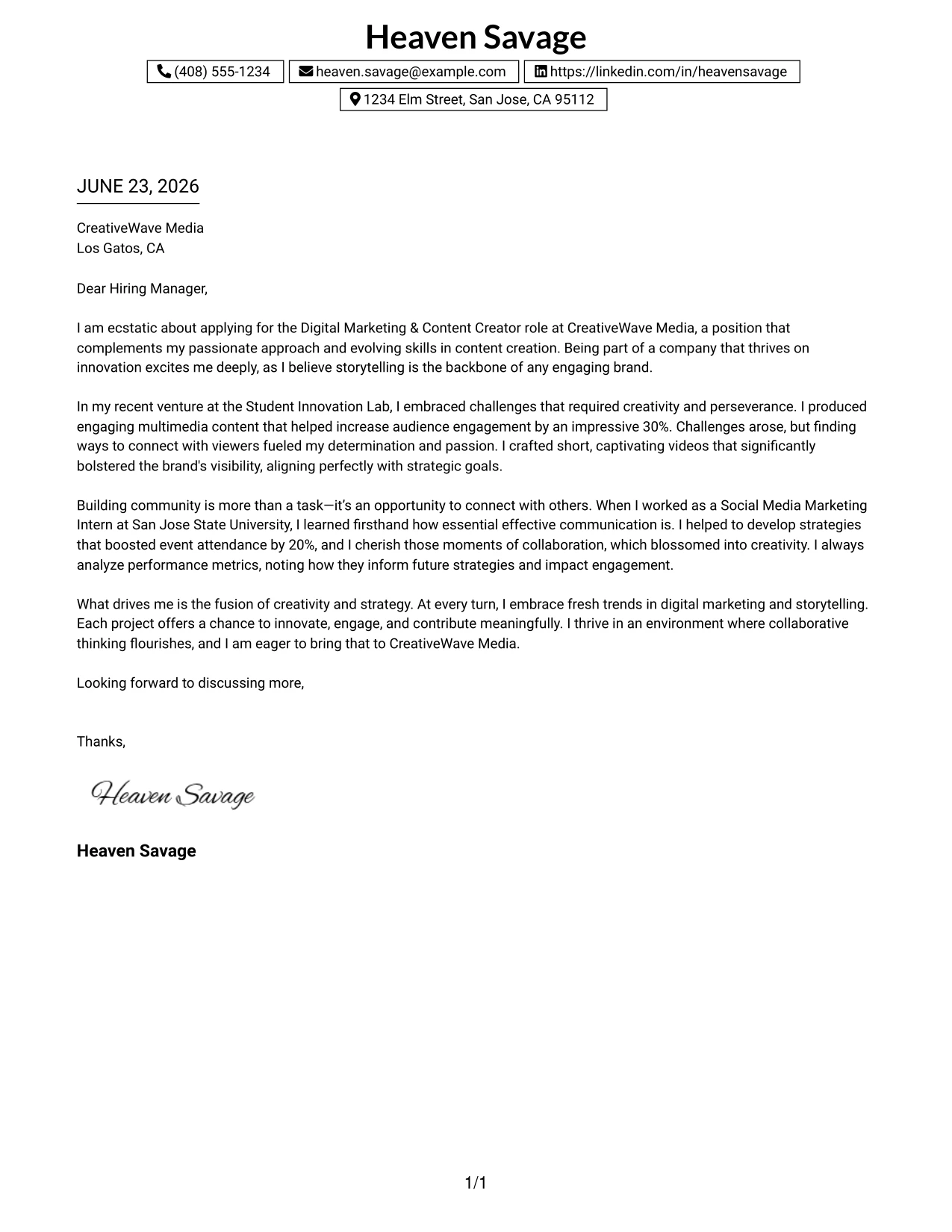Resume Example Page 1