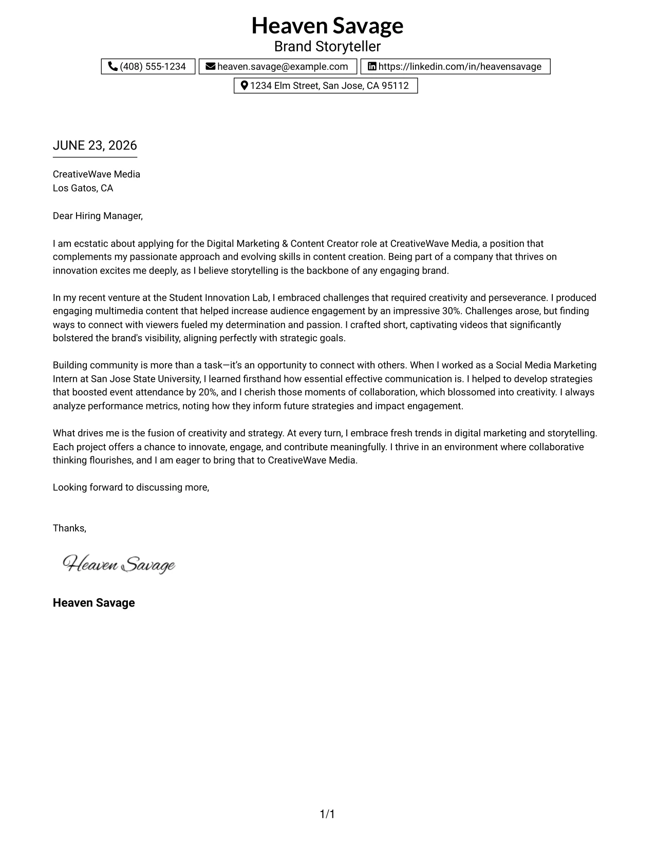 Resume Example Page 1