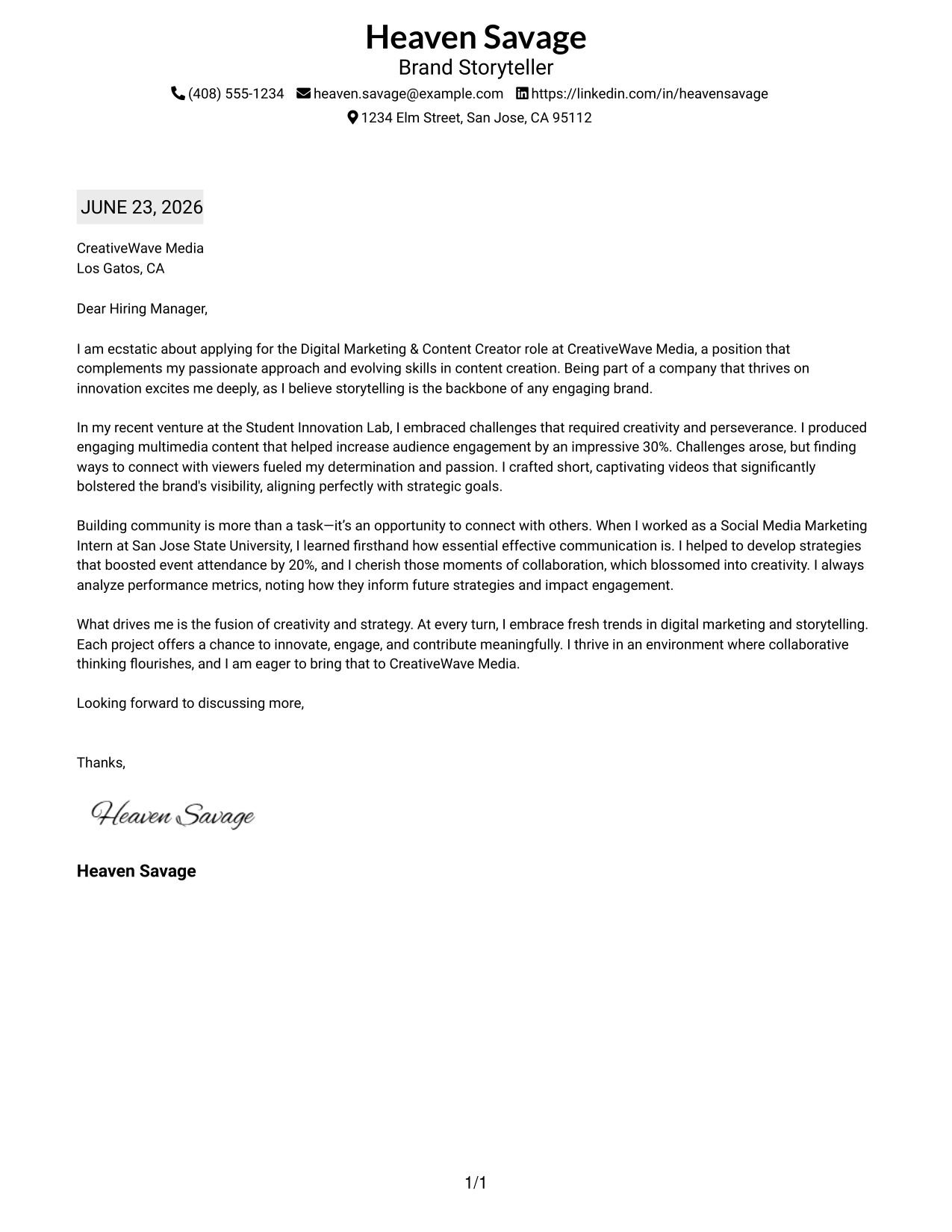 Resume Example Page 1