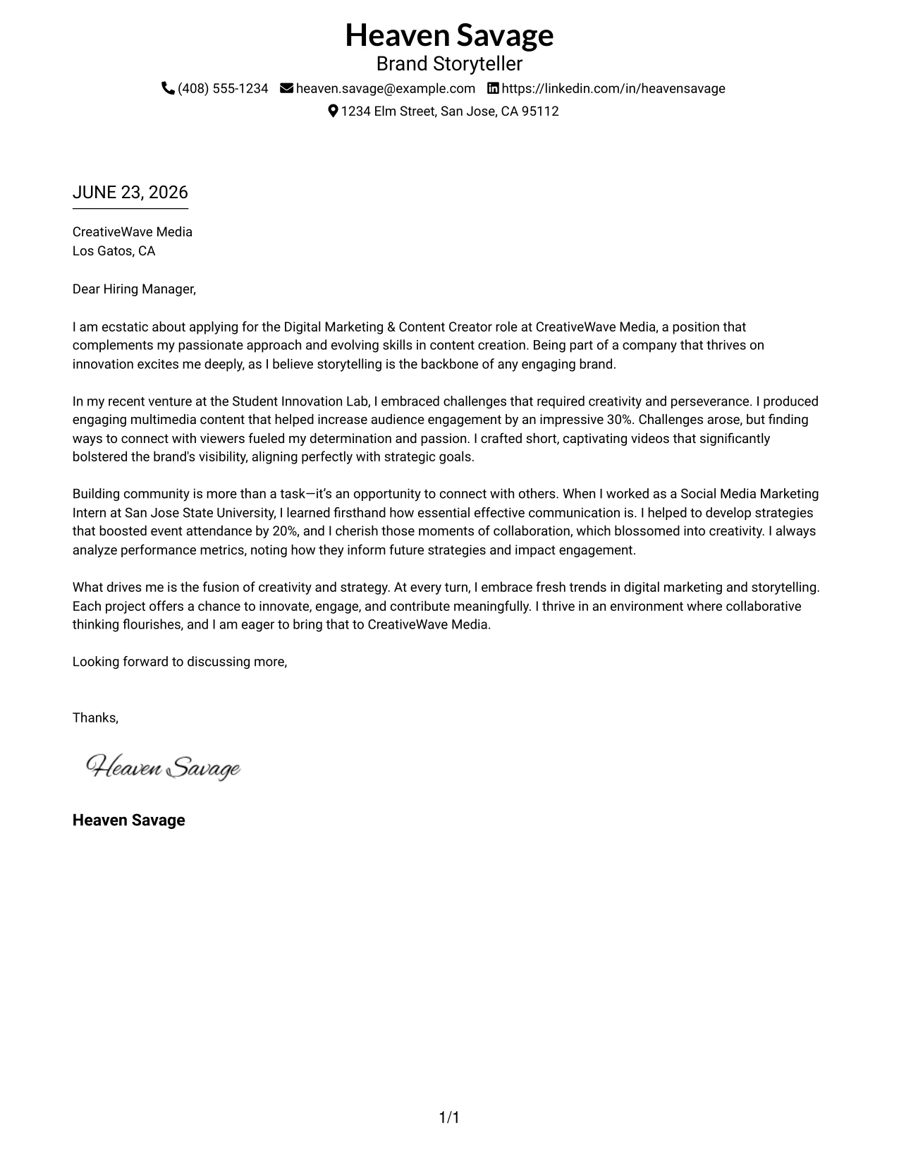 Resume Example Page 1