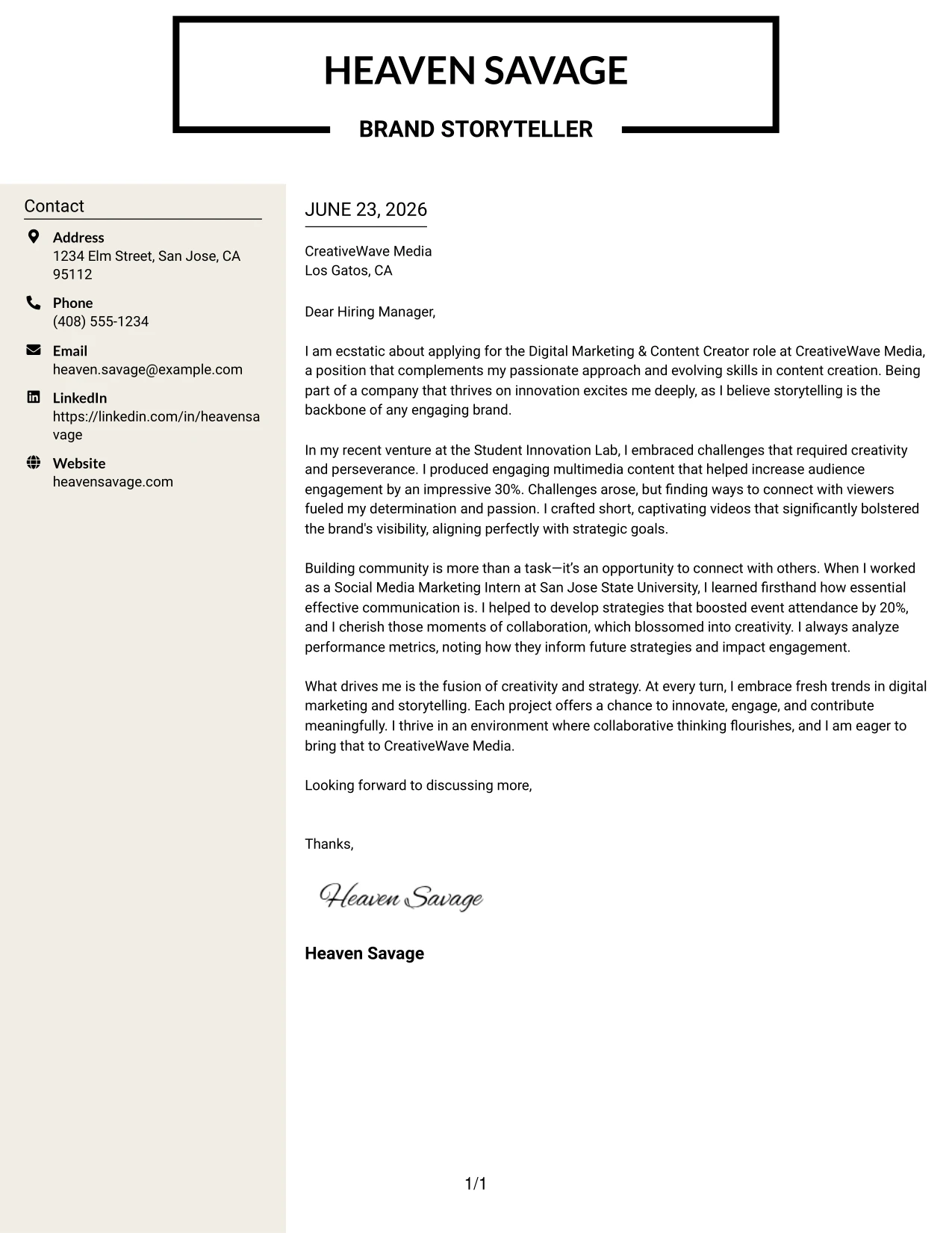 Resume Example Page 1