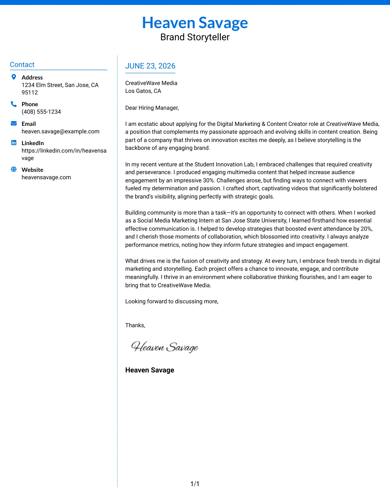 Resume Example Page 1