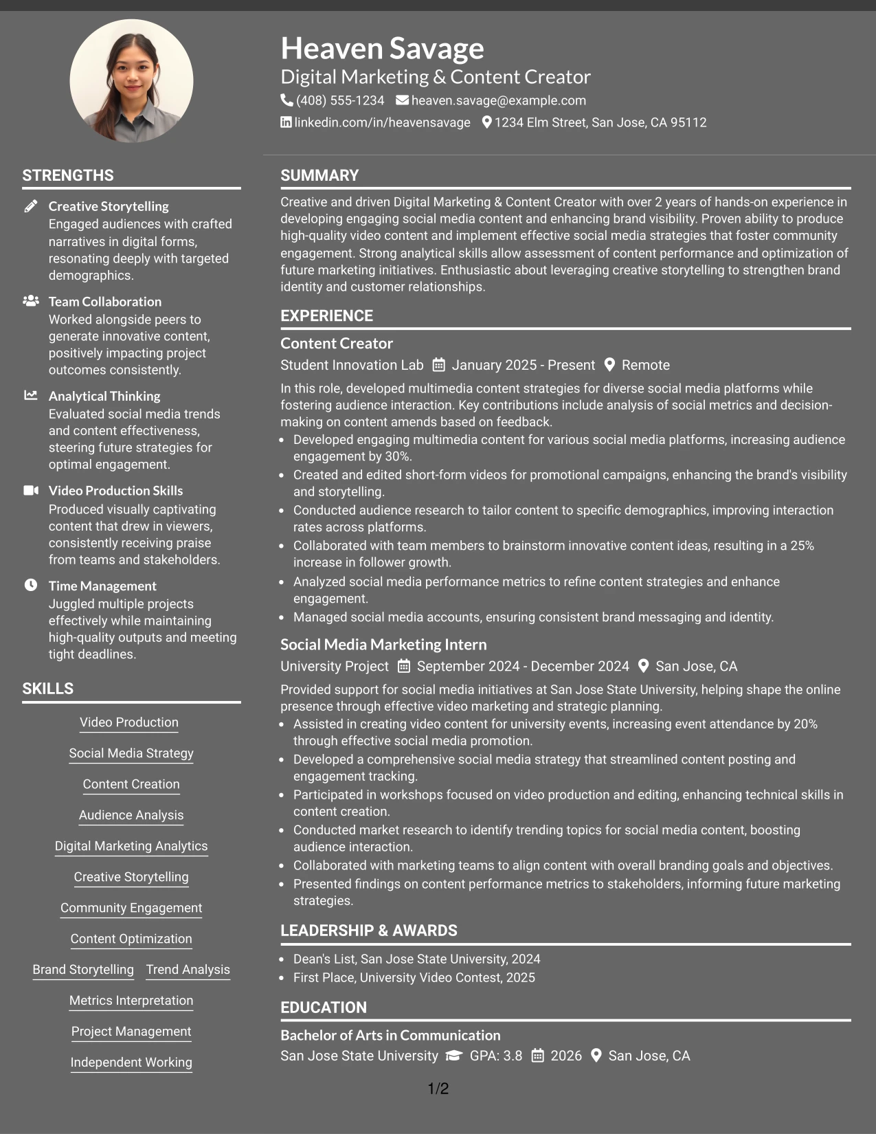 Resume Example Page 1
