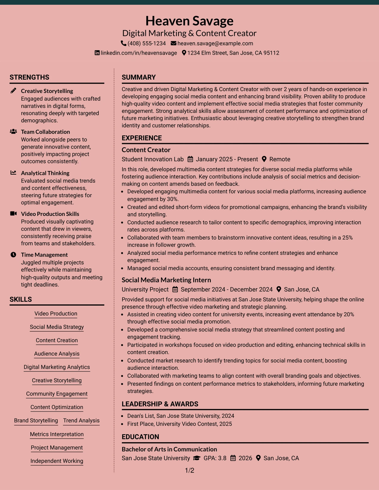 Resume Example Page 1
