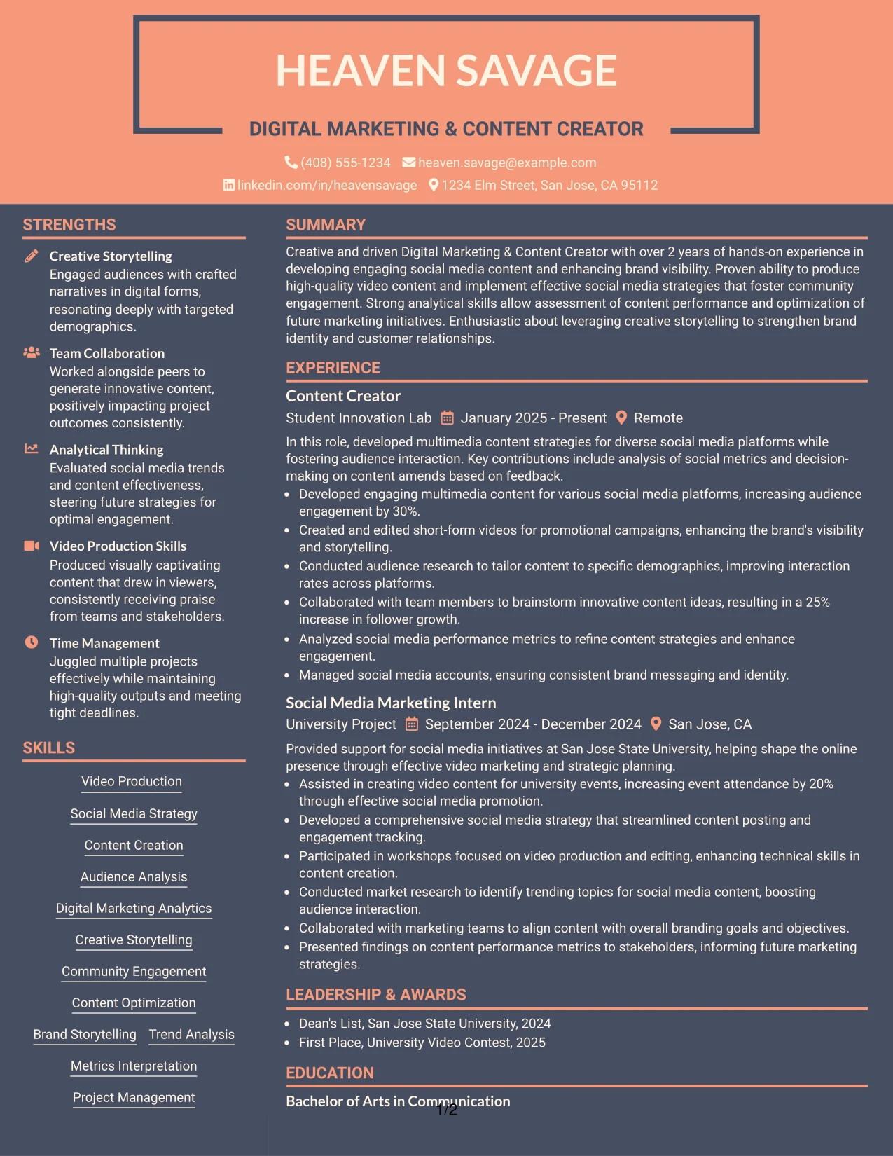 Resume Example Page 1