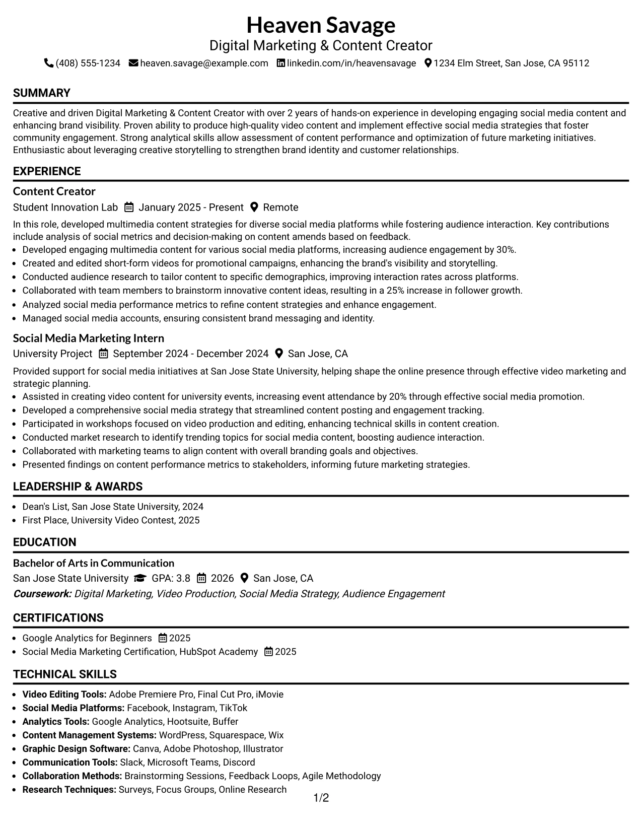 Resume Example Page 1
