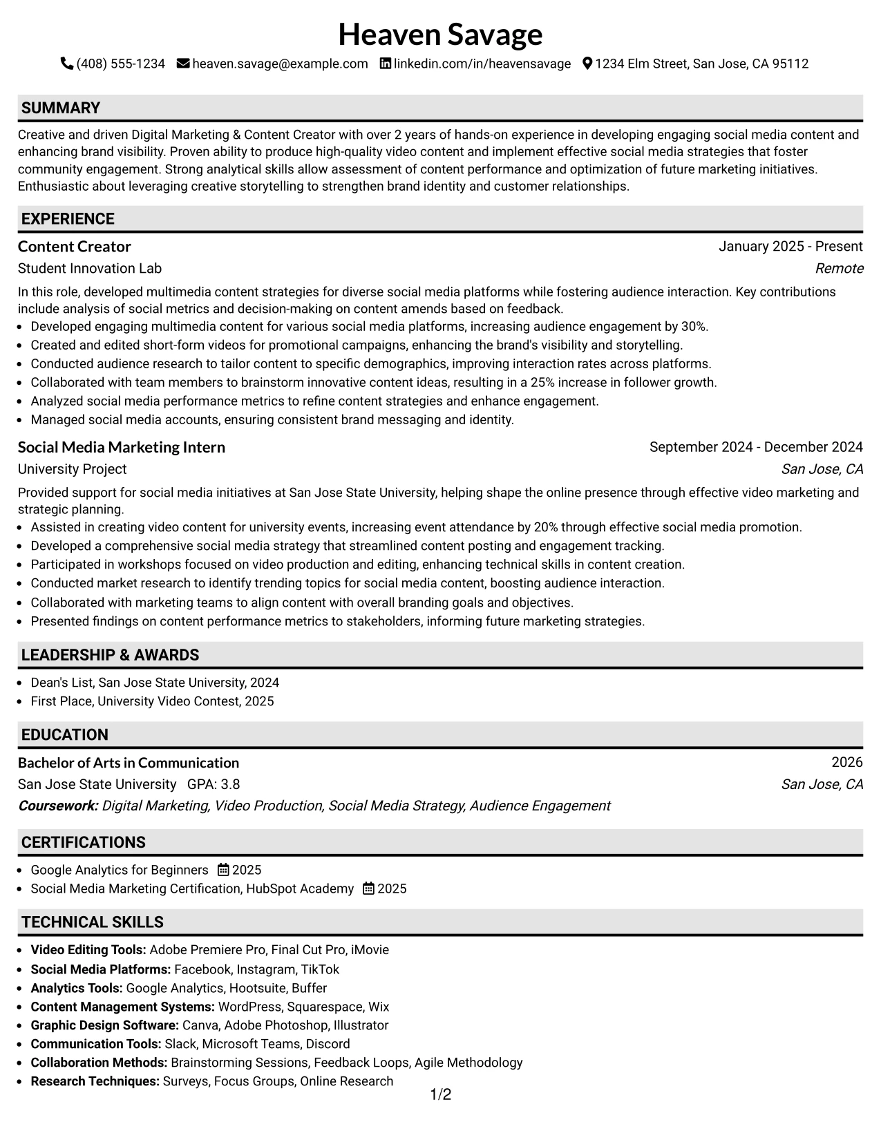 Resume Example Page 1