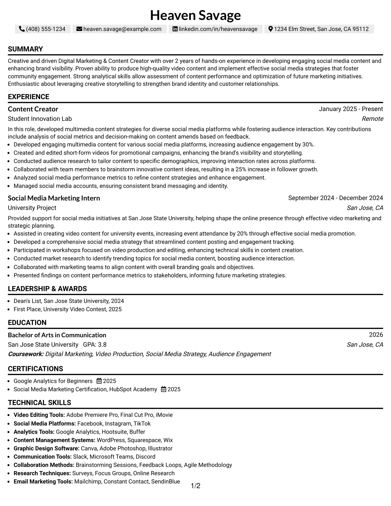 Resume Example Page 1
