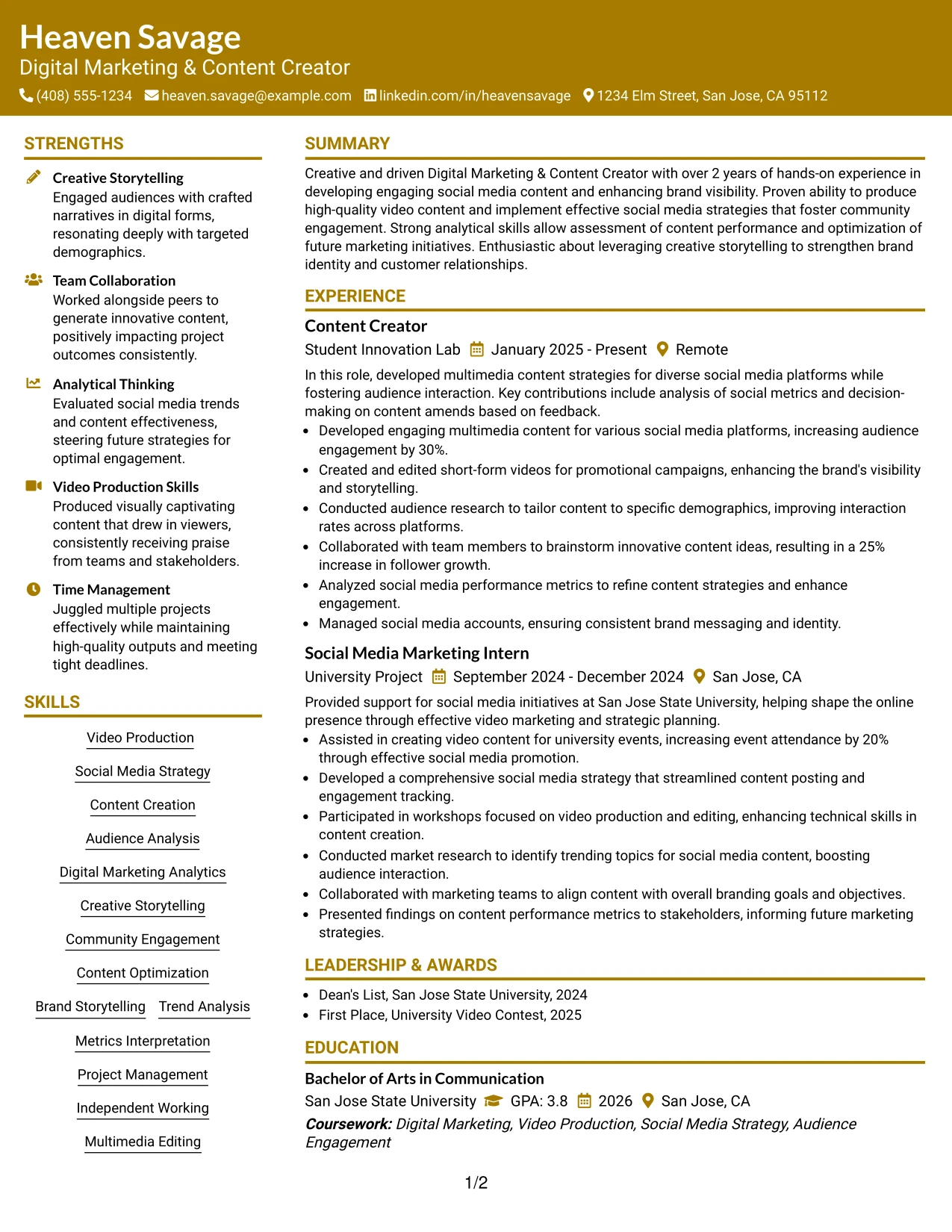 Resume Example Page 1