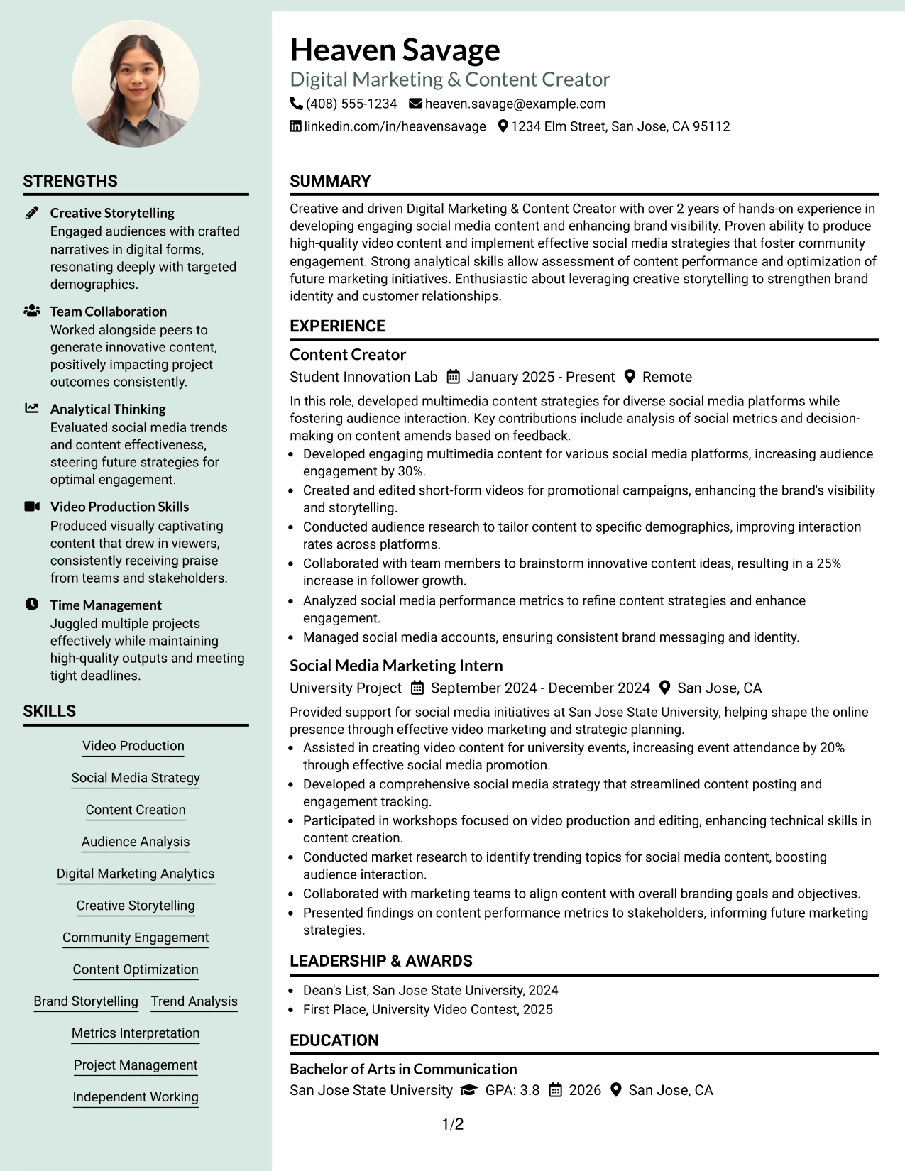 Resume Example Page 1