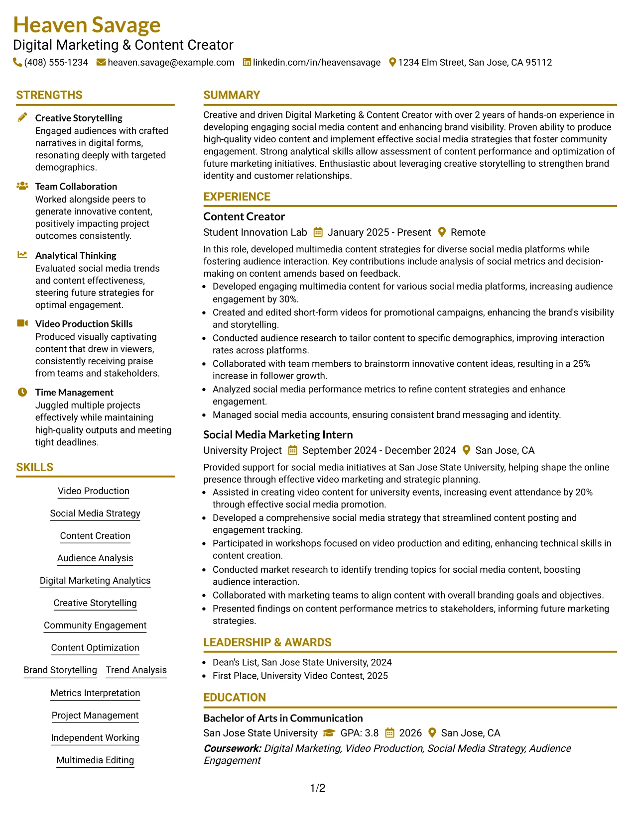 Resume Example Page 1