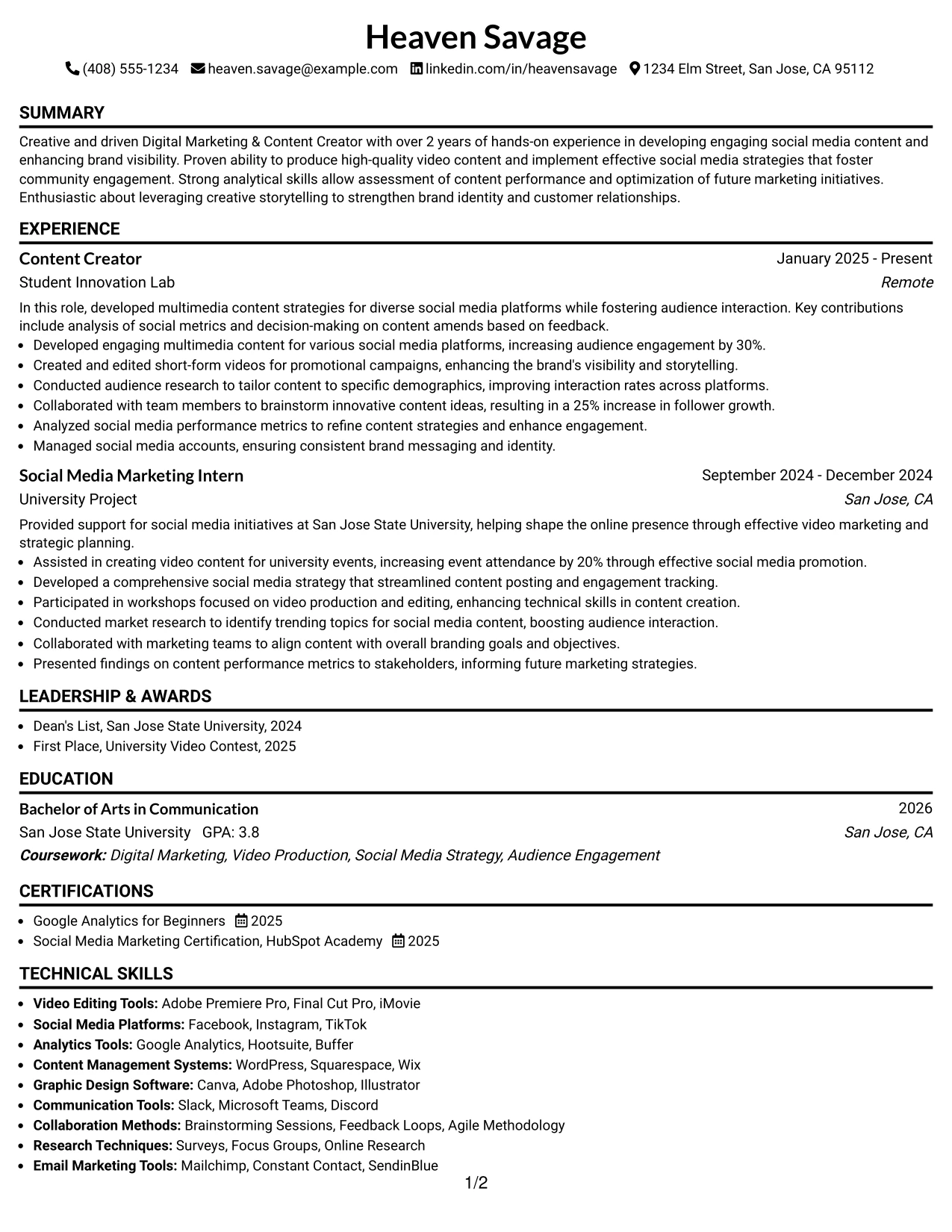 Resume Example Page 1