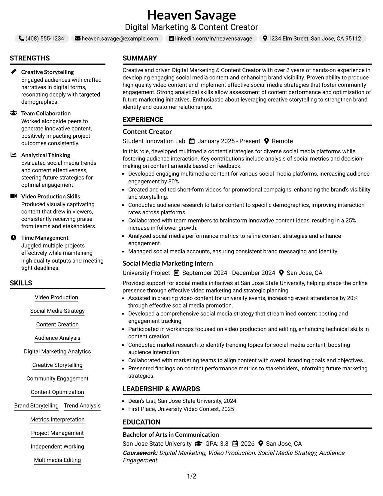 Resume Example Page 1