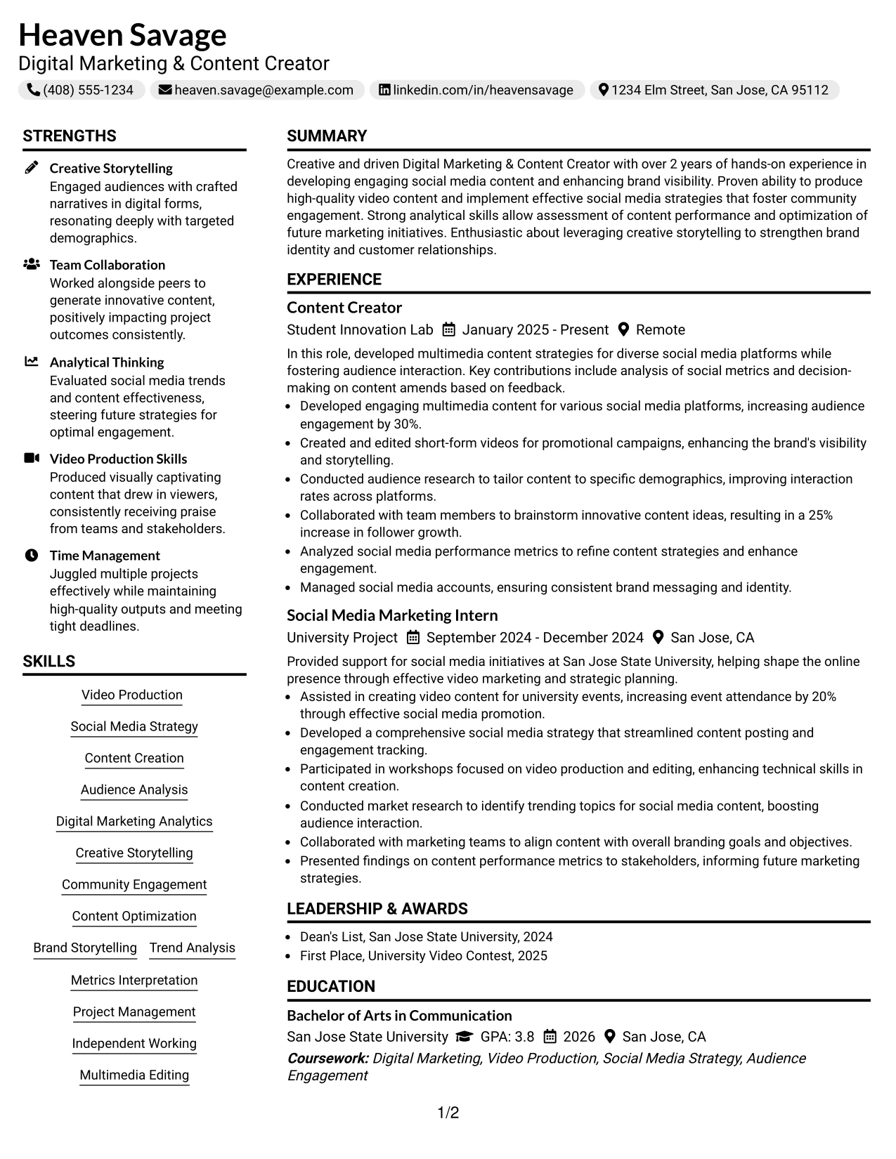 Resume Example Page 1