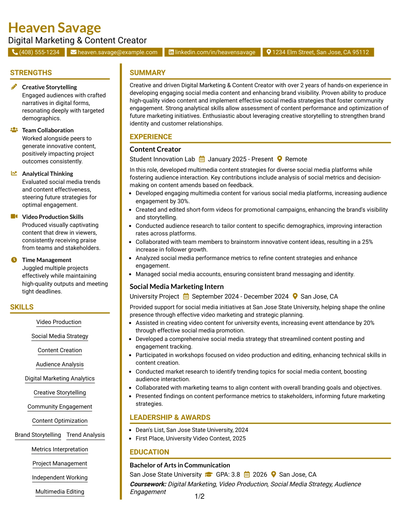Resume Example Page 1
